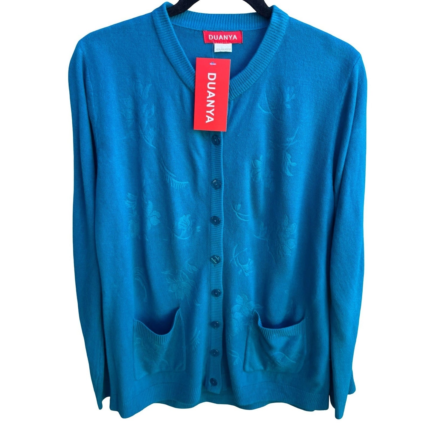 Duanya Turquoise Coastal Grandmacore Floral Jacquard Knit Cardigan Sweater L NWT