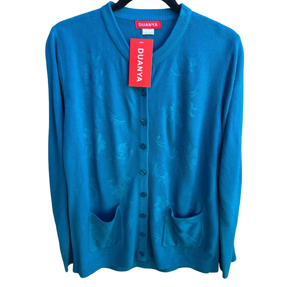 Duanya Turquoise Coastal Grandmacore Floral Jacquard Knit Cardigan Sweater L NWT