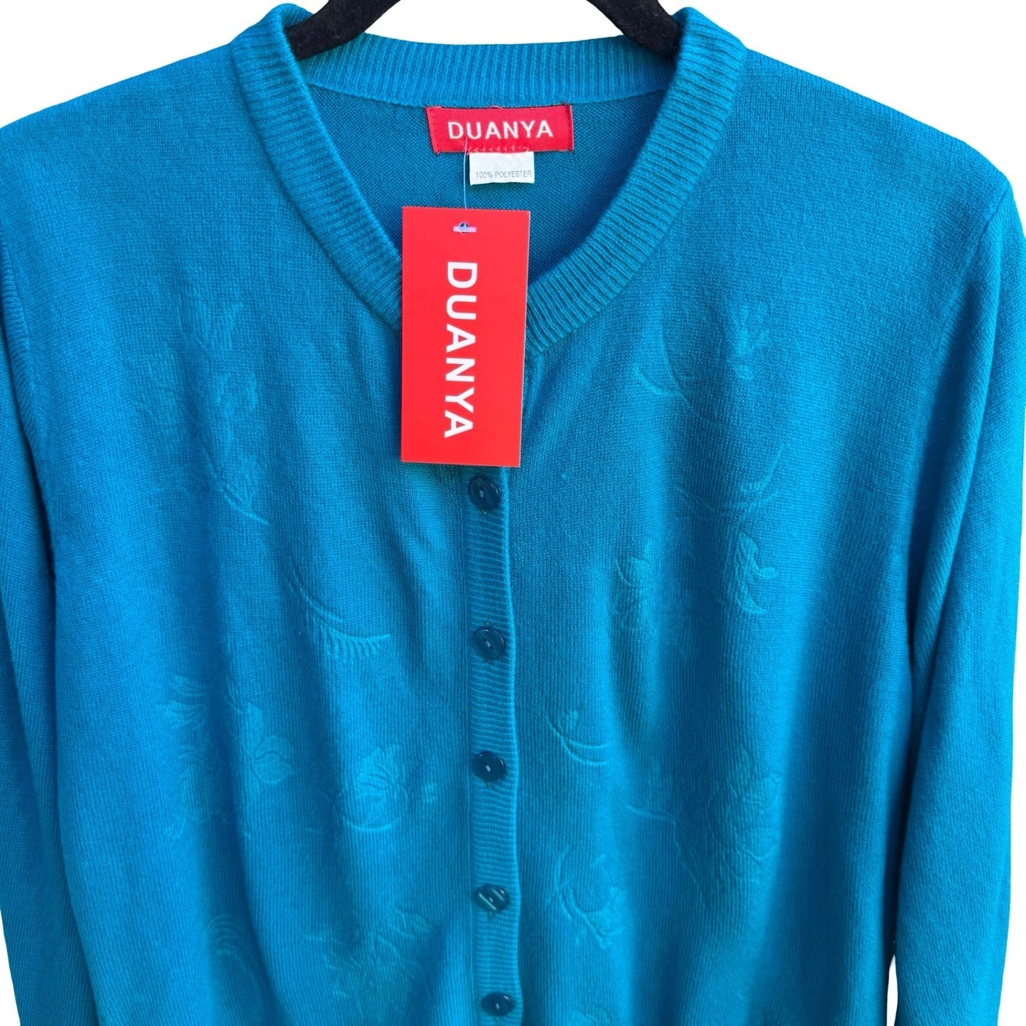 Duanya Turquoise Coastal Grandmacore Floral Jacquard Knit Cardigan Sweater L NWT