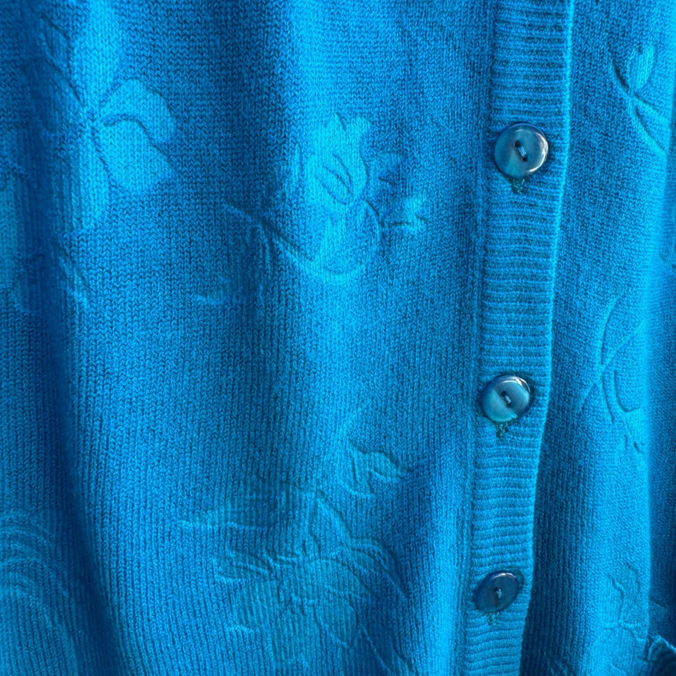 Duanya Turquoise Coastal Grandmacore Floral Jacquard Knit Cardigan Sweater L NWT