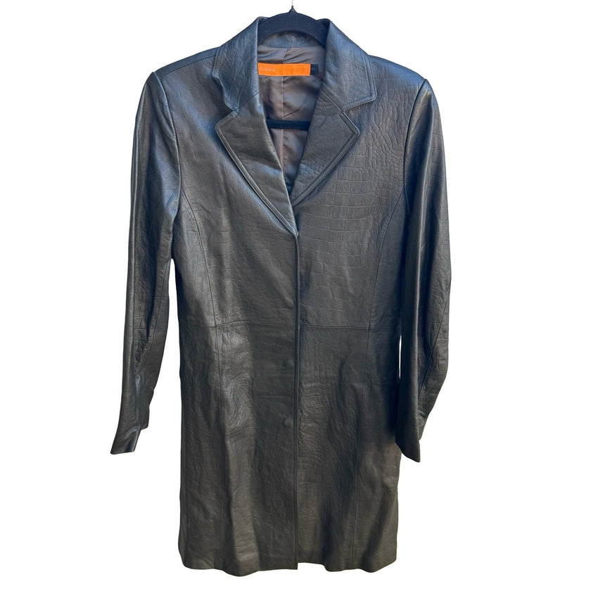 Cynthia Steffe Y2K Croc Embossed Leather Minimalist Goth Edgy Trench Coat Green