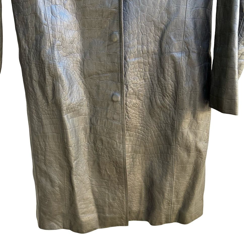 Cynthia Steffe Y2K Croc Embossed Leather Minimalist Goth Edgy Trench Coat Green