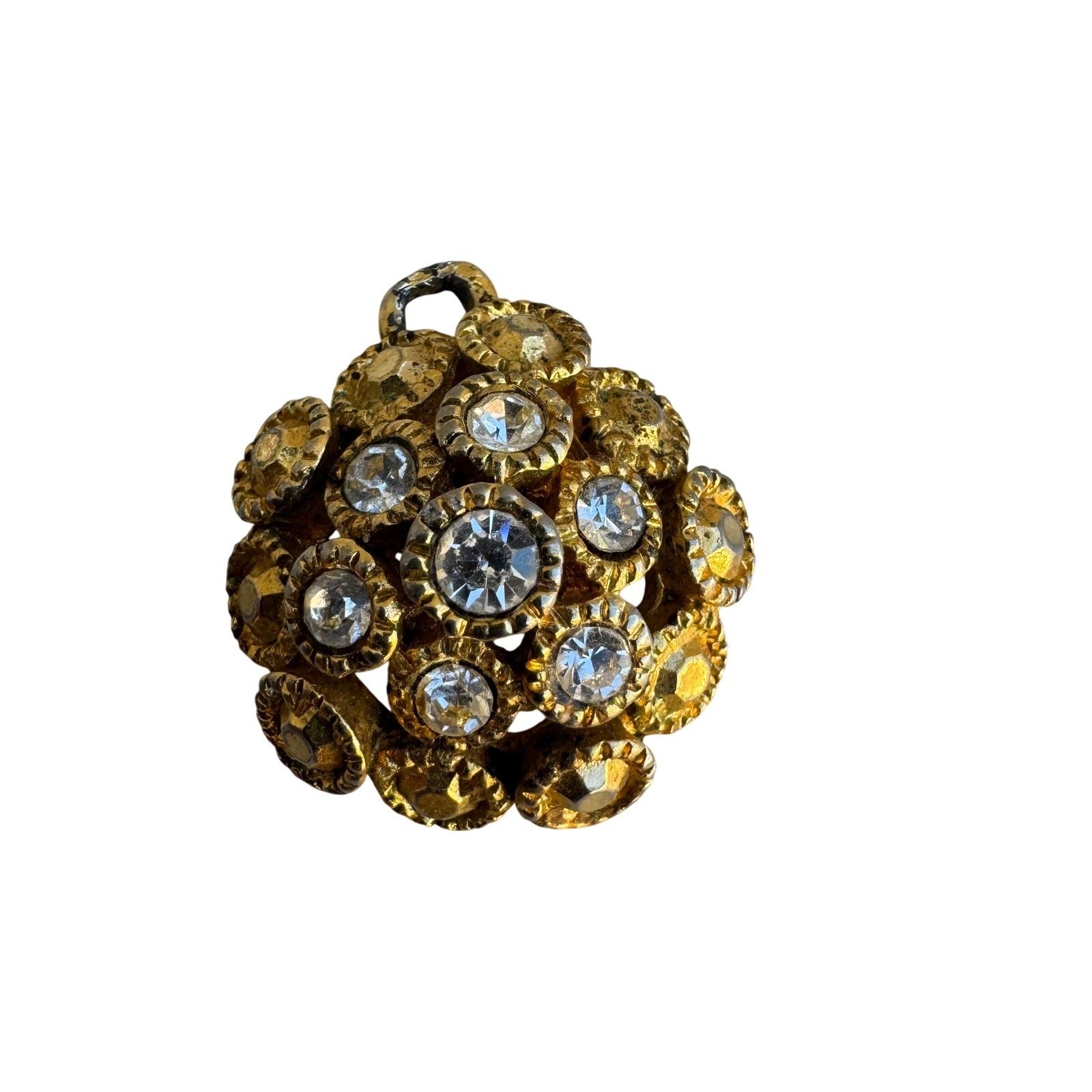 Vintage Gold Tone Rhinestone Cluster Dome Pendant Textured Floral Charm Brooch