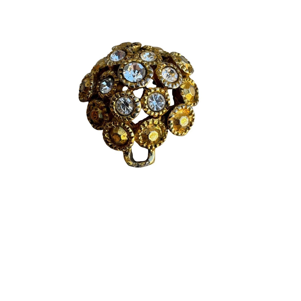 Vintage Gold Tone Rhinestone Cluster Dome Pendant Textured Floral Charm Brooch