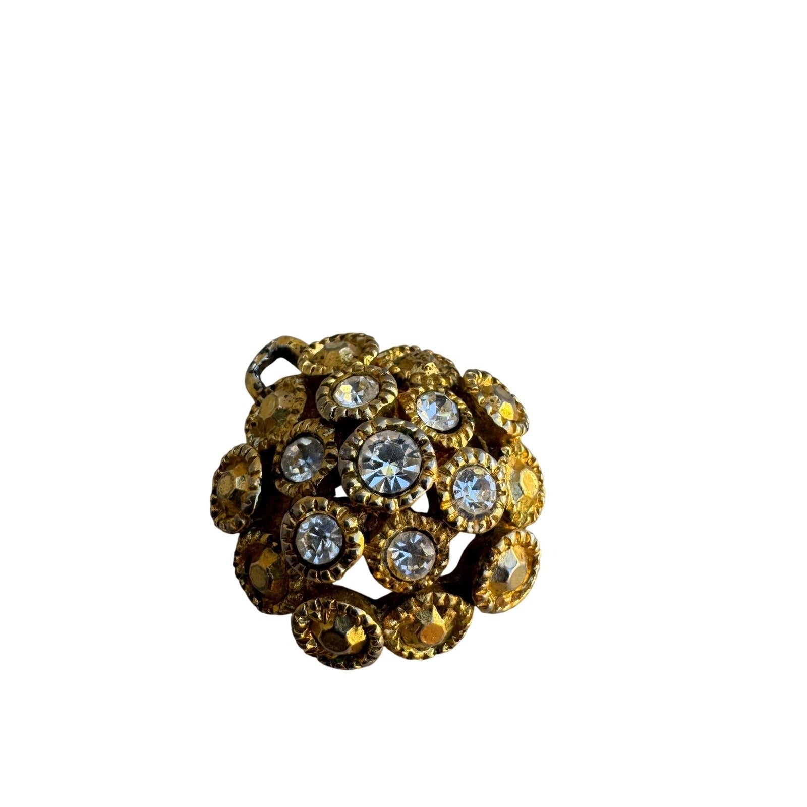 Vintage Gold Tone Rhinestone Cluster Dome Pendant Textured Floral Charm Brooch