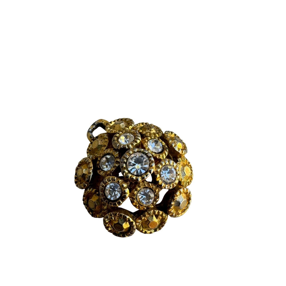 Vintage Gold Tone Rhinestone Cluster Dome Pendant Textured Floral Charm Brooch