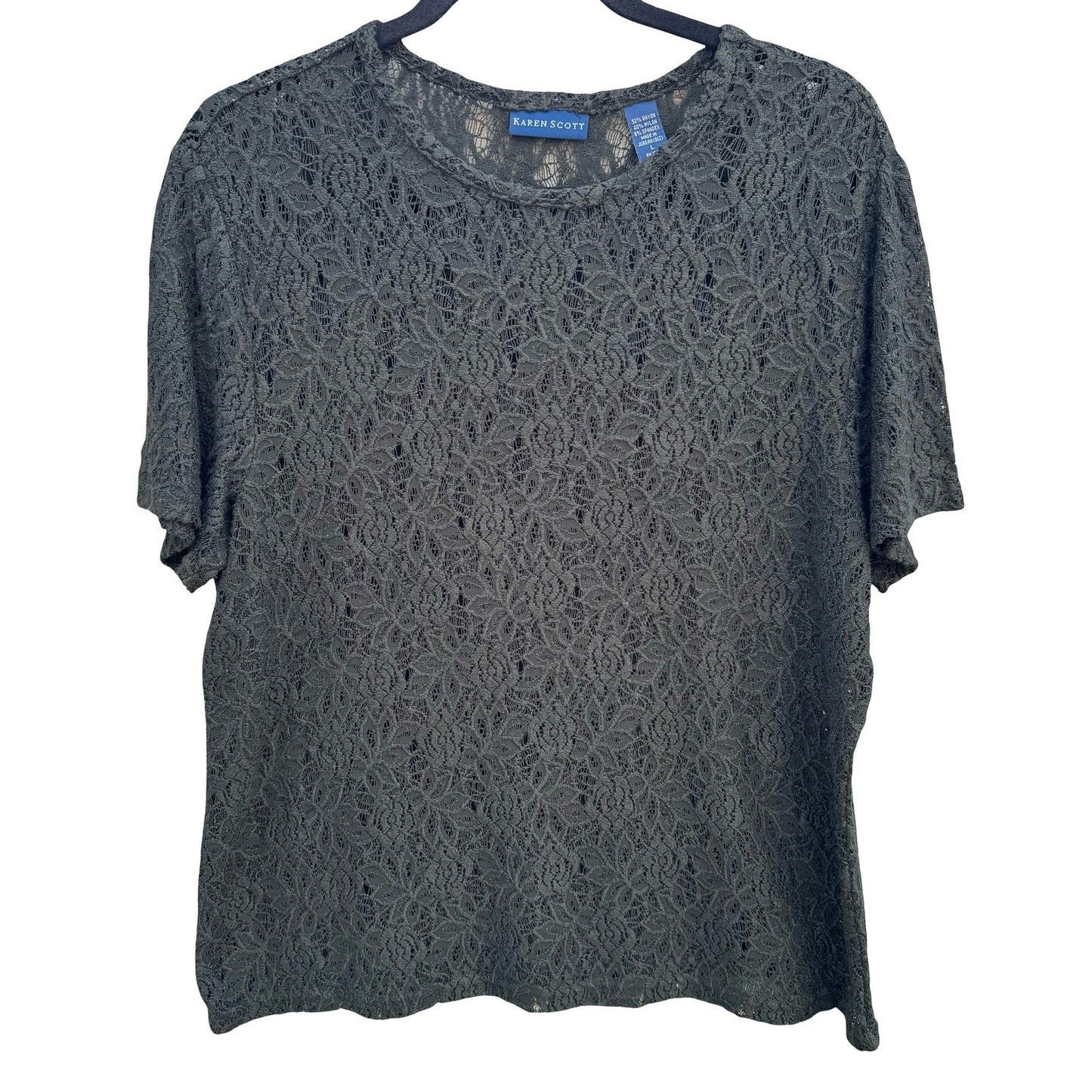 Karen Scott Vintage Womens Green Floral Lace Short Sleeve Crew Neck Top Large