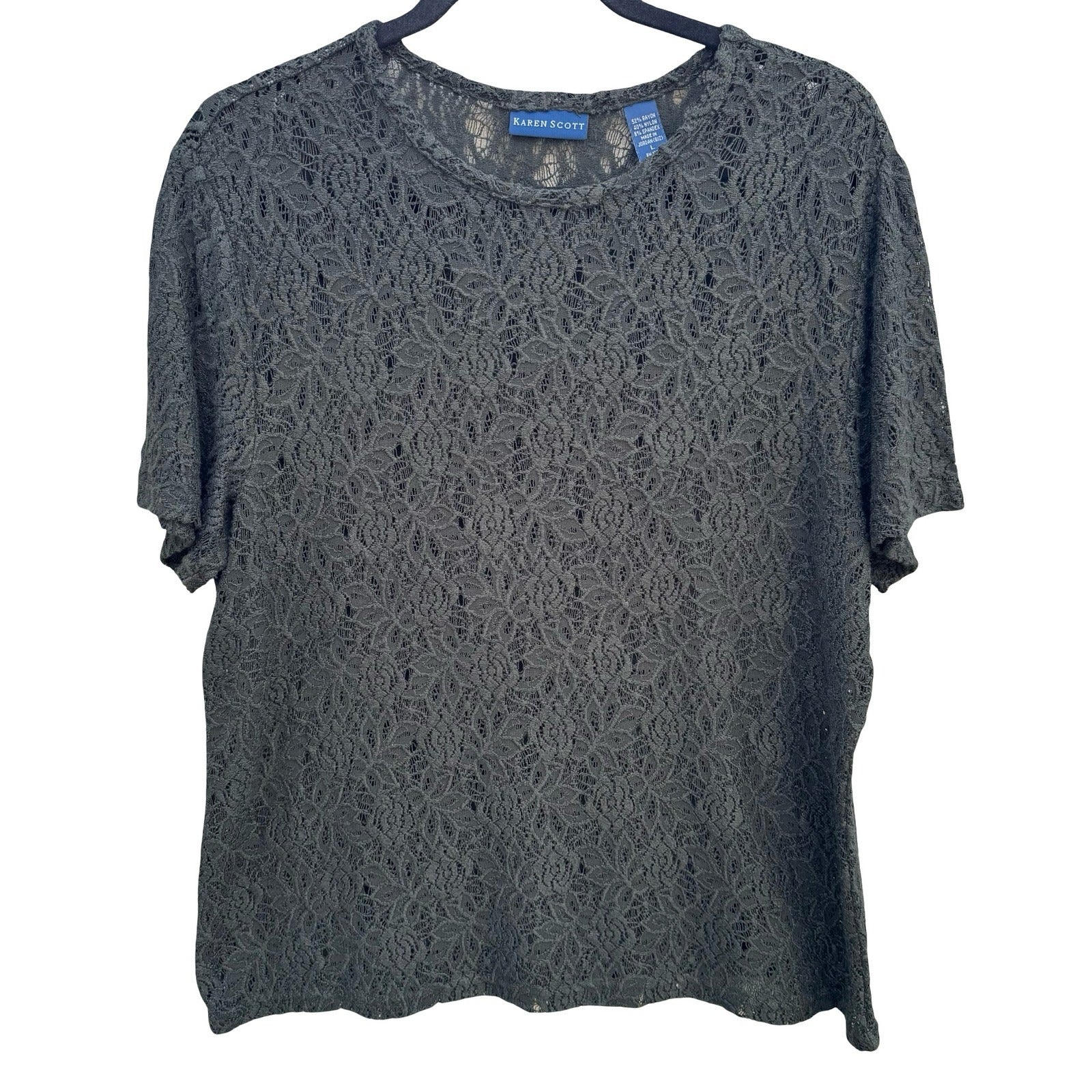 Karen Scott Vintage Womens Green Floral Lace Short Sleeve Crew Neck Top Large