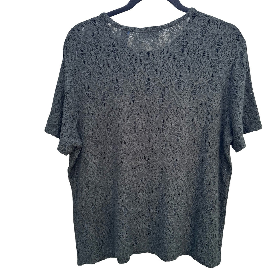 Karen Scott Vintage Womens Green Floral Lace Short Sleeve Crew Neck Top Large
