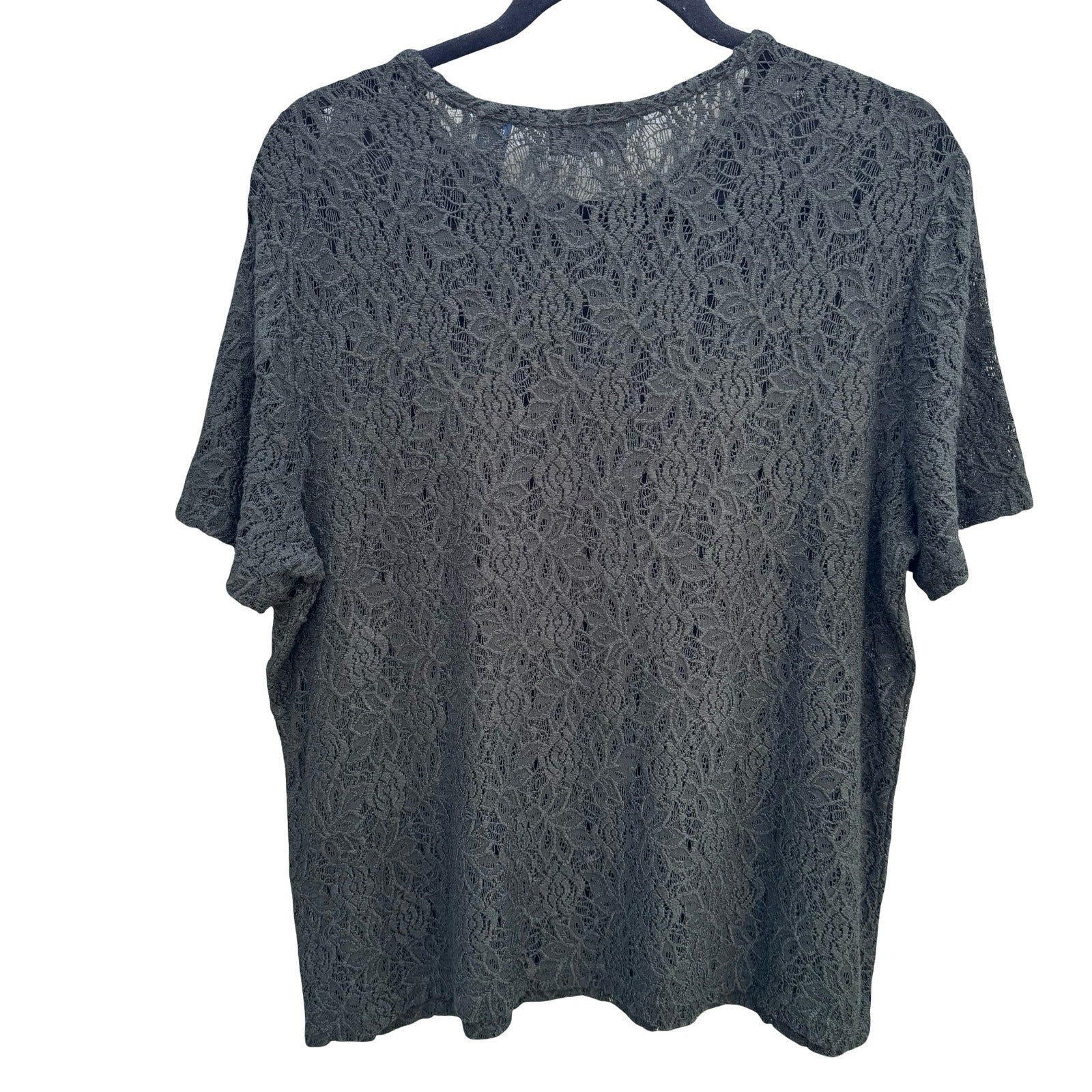 Karen Scott Vintage Womens Green Floral Lace Short Sleeve Crew Neck Top Large