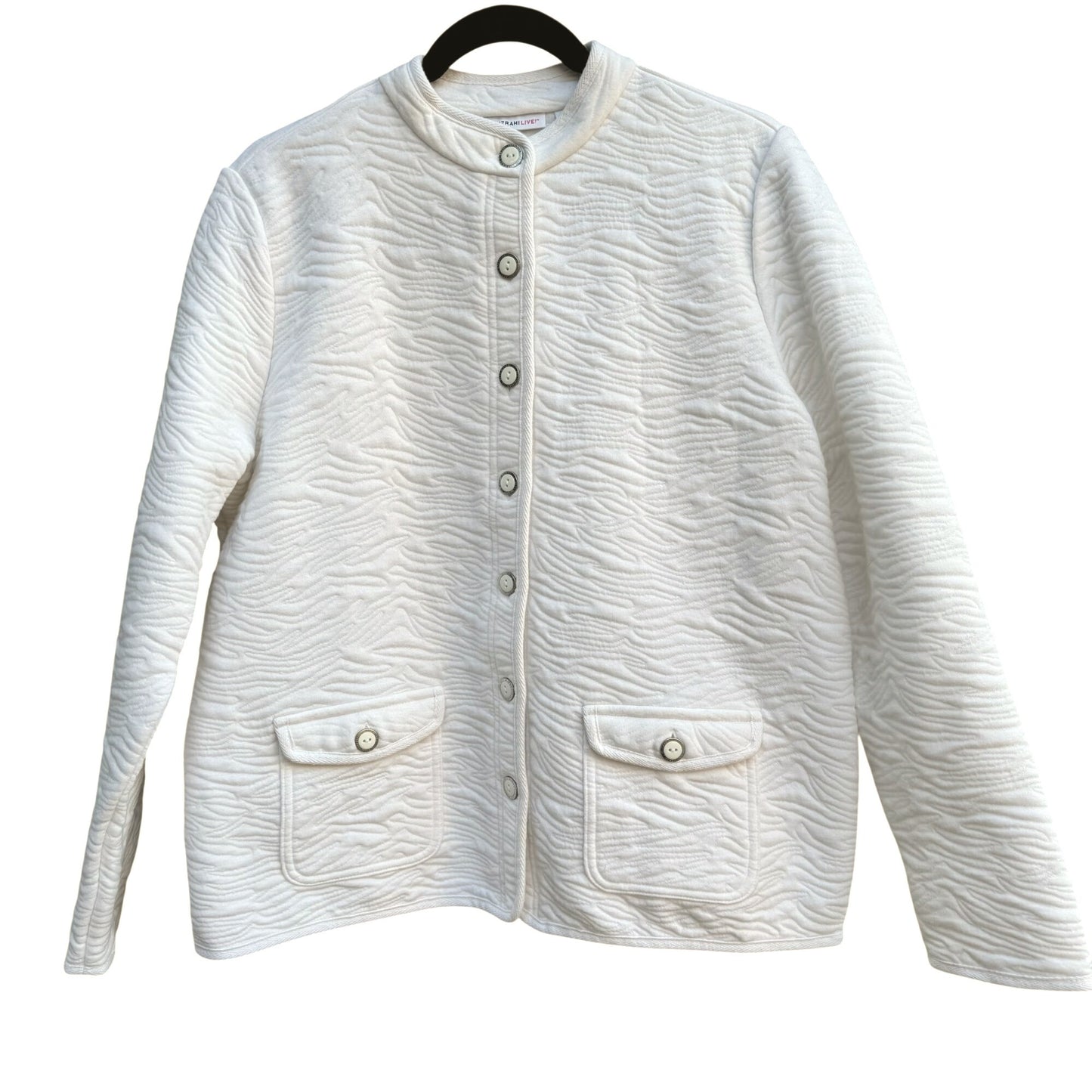 Isaac Mizrahi Live White Animal Texture Quilted Jacket Pockets Button-Up Front L
