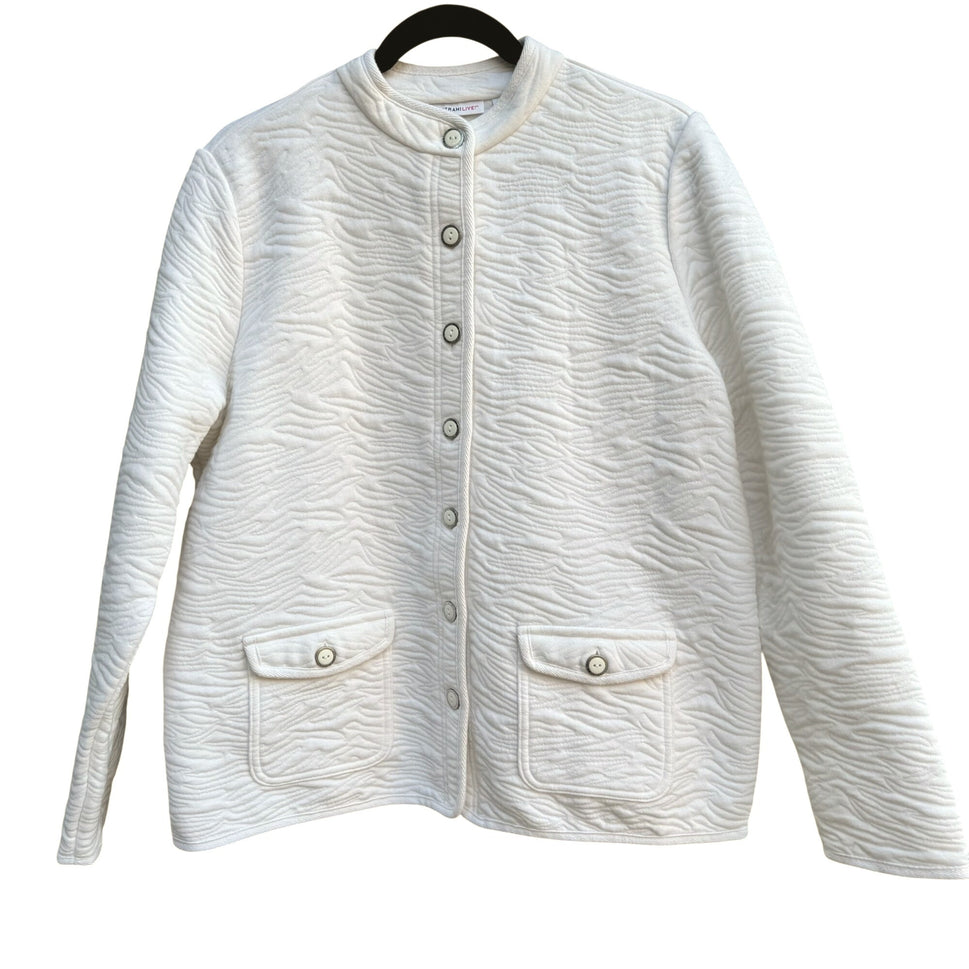 Isaac Mizrahi Live White Animal Texture Quilted Jacket Pockets Button-Up Front L