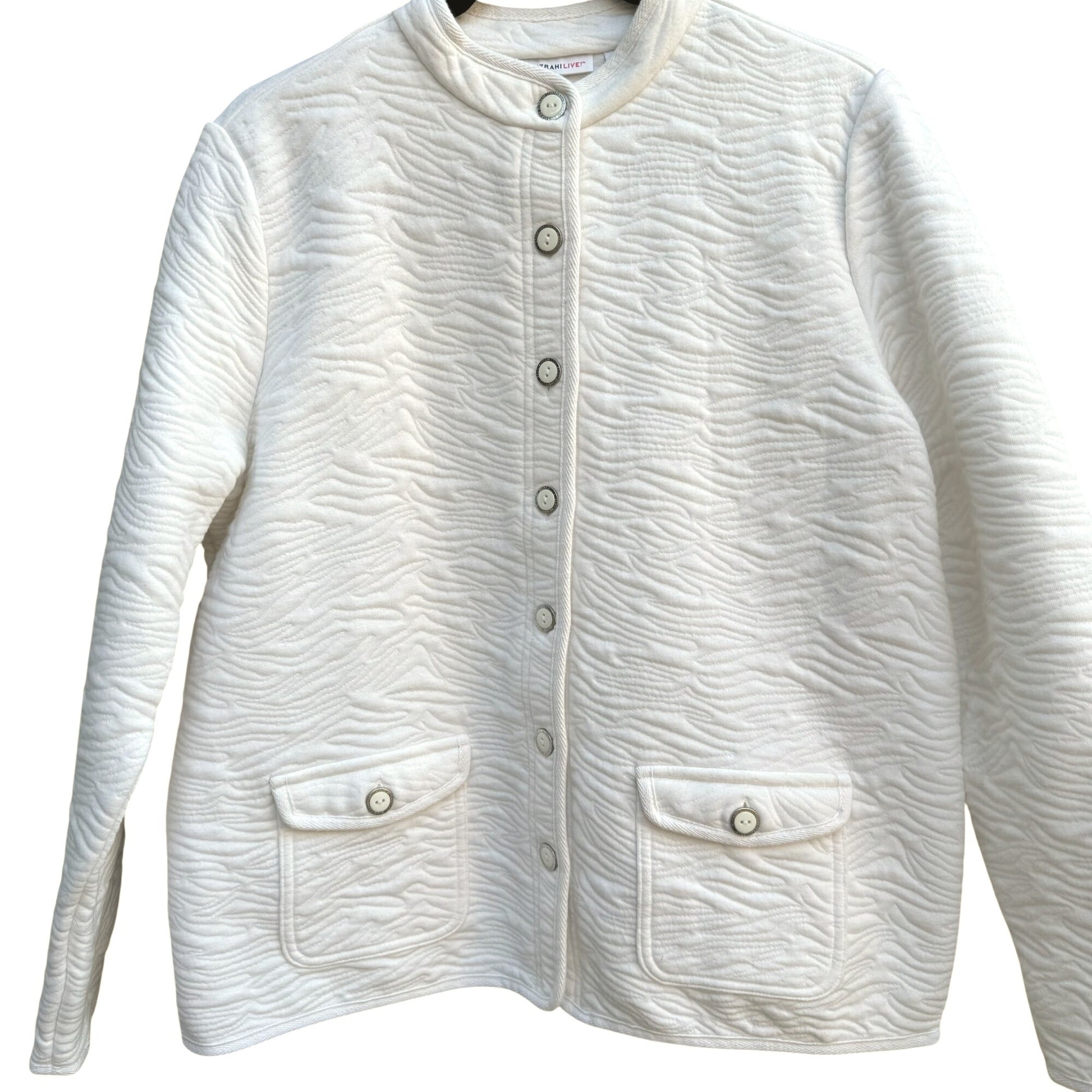 Isaac Mizrahi Live White Animal Texture Quilted Jacket Pockets Button-Up Front L