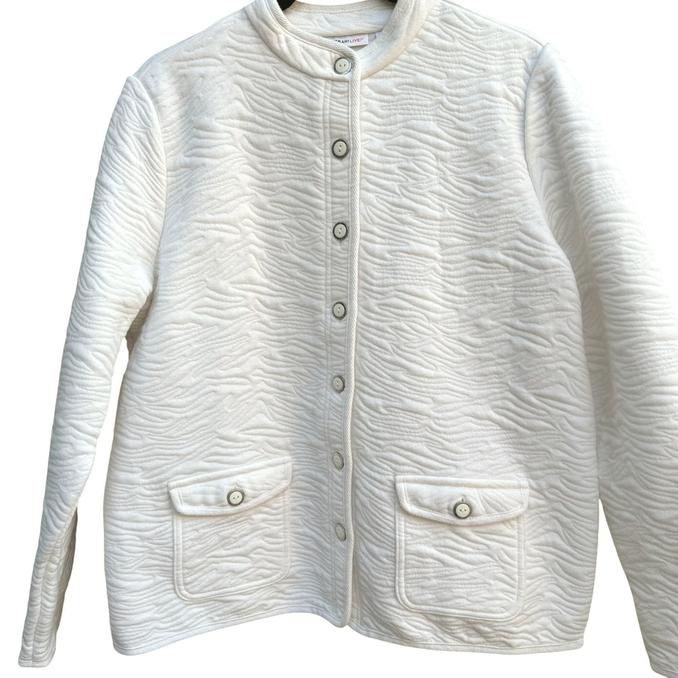 Isaac Mizrahi Live White Animal Texture Quilted Jacket Pockets Button-Up Front L