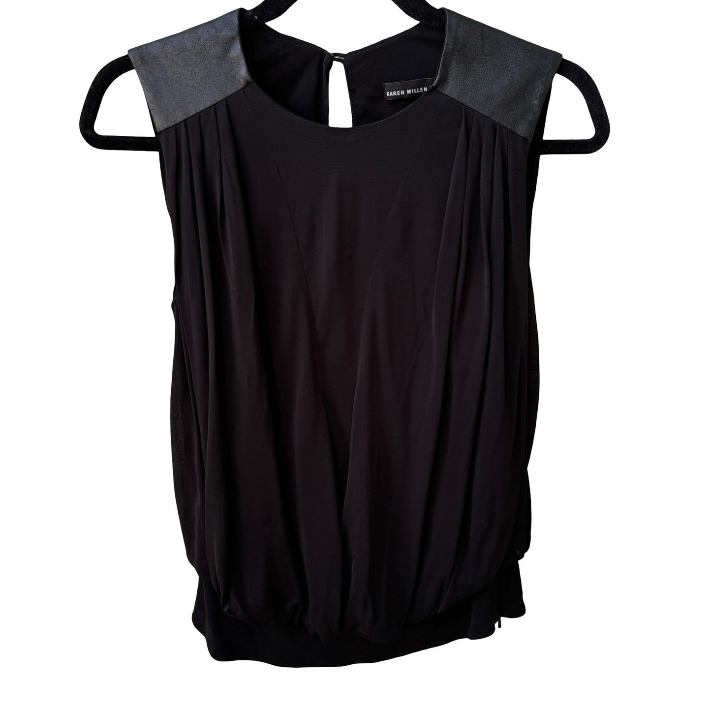 Karen Millen Minimalist Draped Sleeveless Blouse Faux Leather Shoulders Black 4