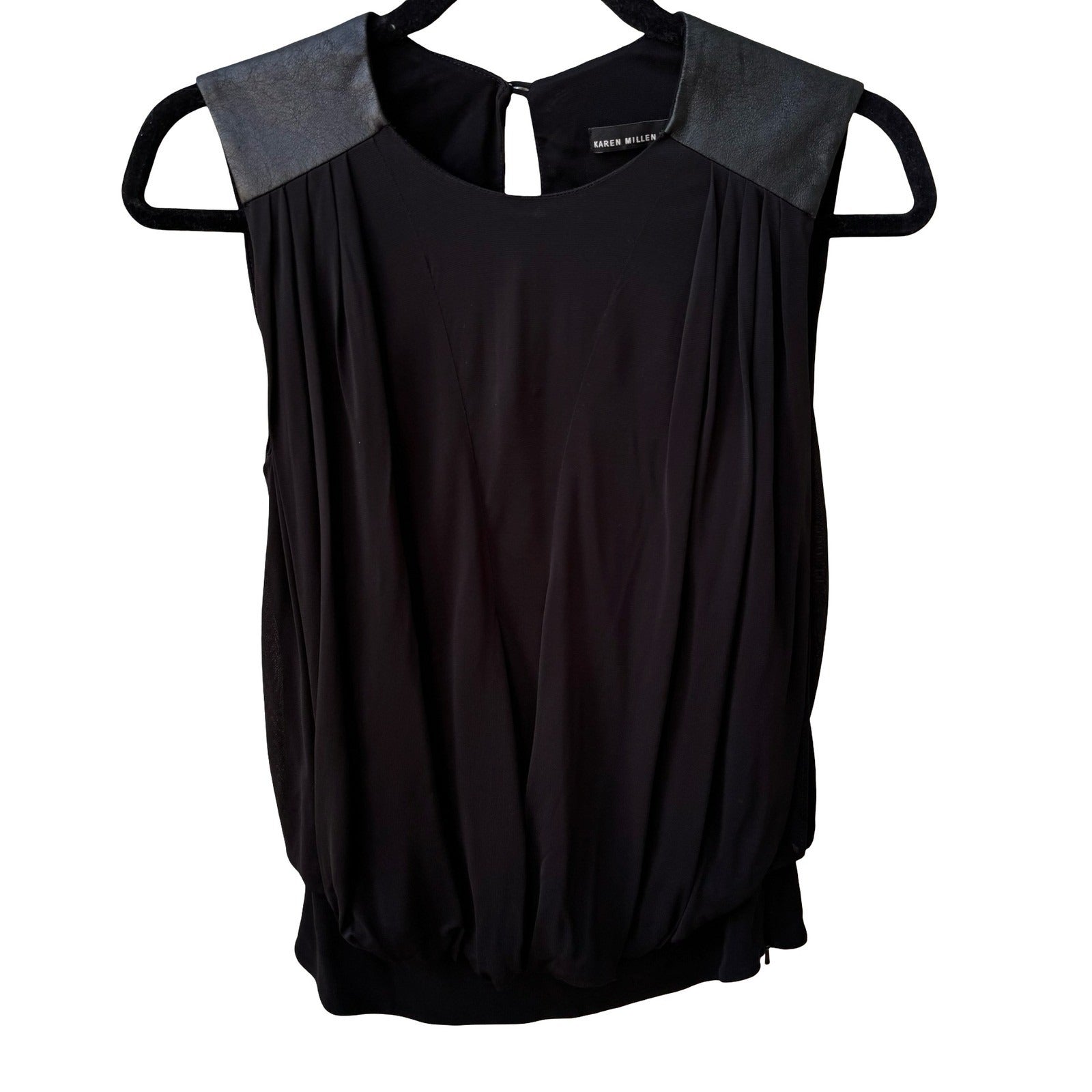 Karen Millen Minimalist Draped Sleeveless Blouse Faux Leather Shoulders Black 4