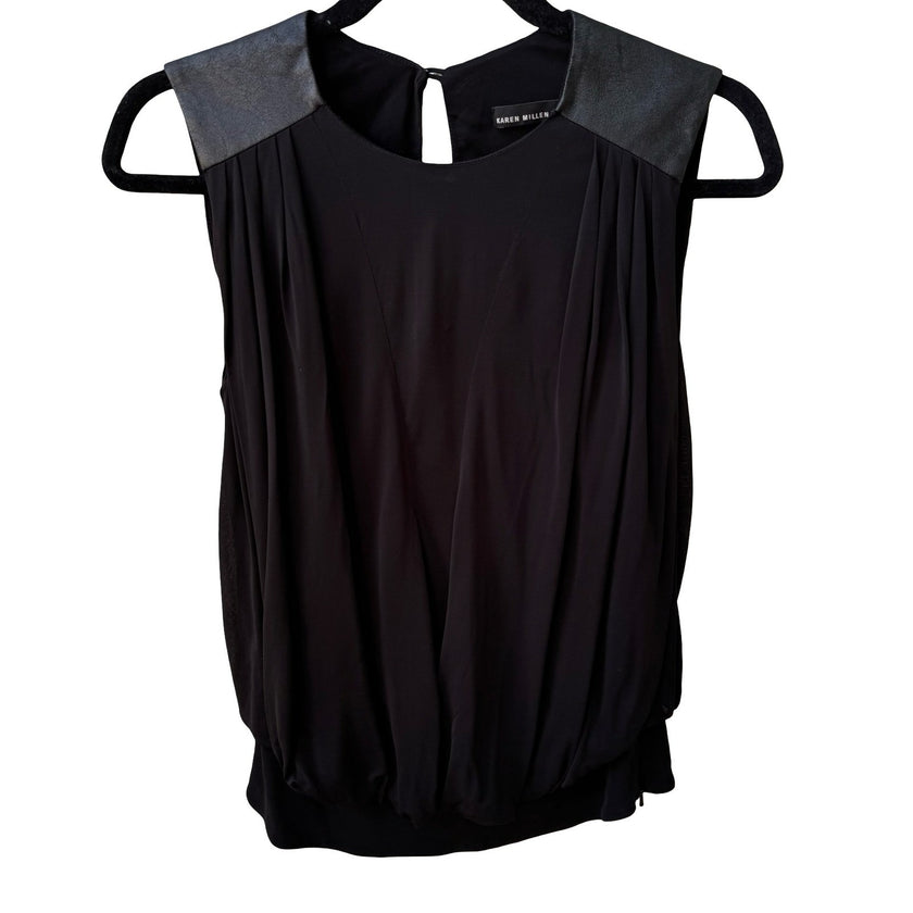 Karen Millen Minimalist Draped Sleeveless Blouse Faux Leather Shoulders Black 4