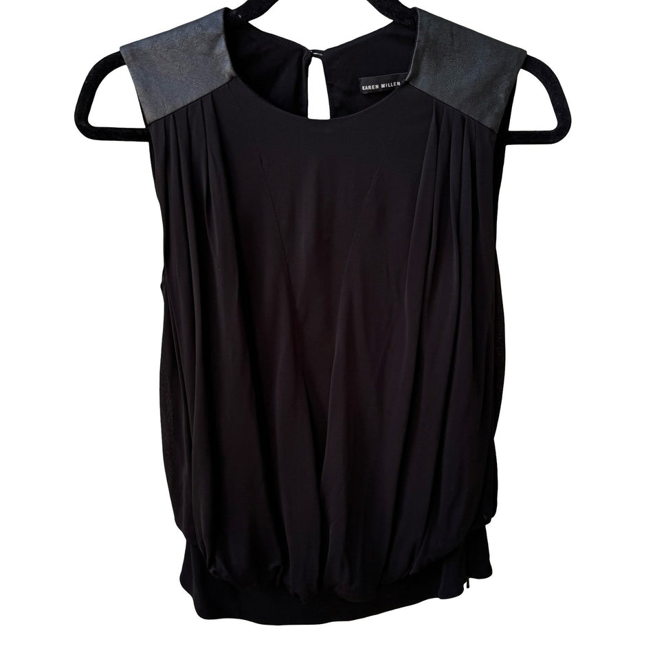 Karen Millen Minimalist Draped Sleeveless Blouse Faux Leather Shoulders Black 4