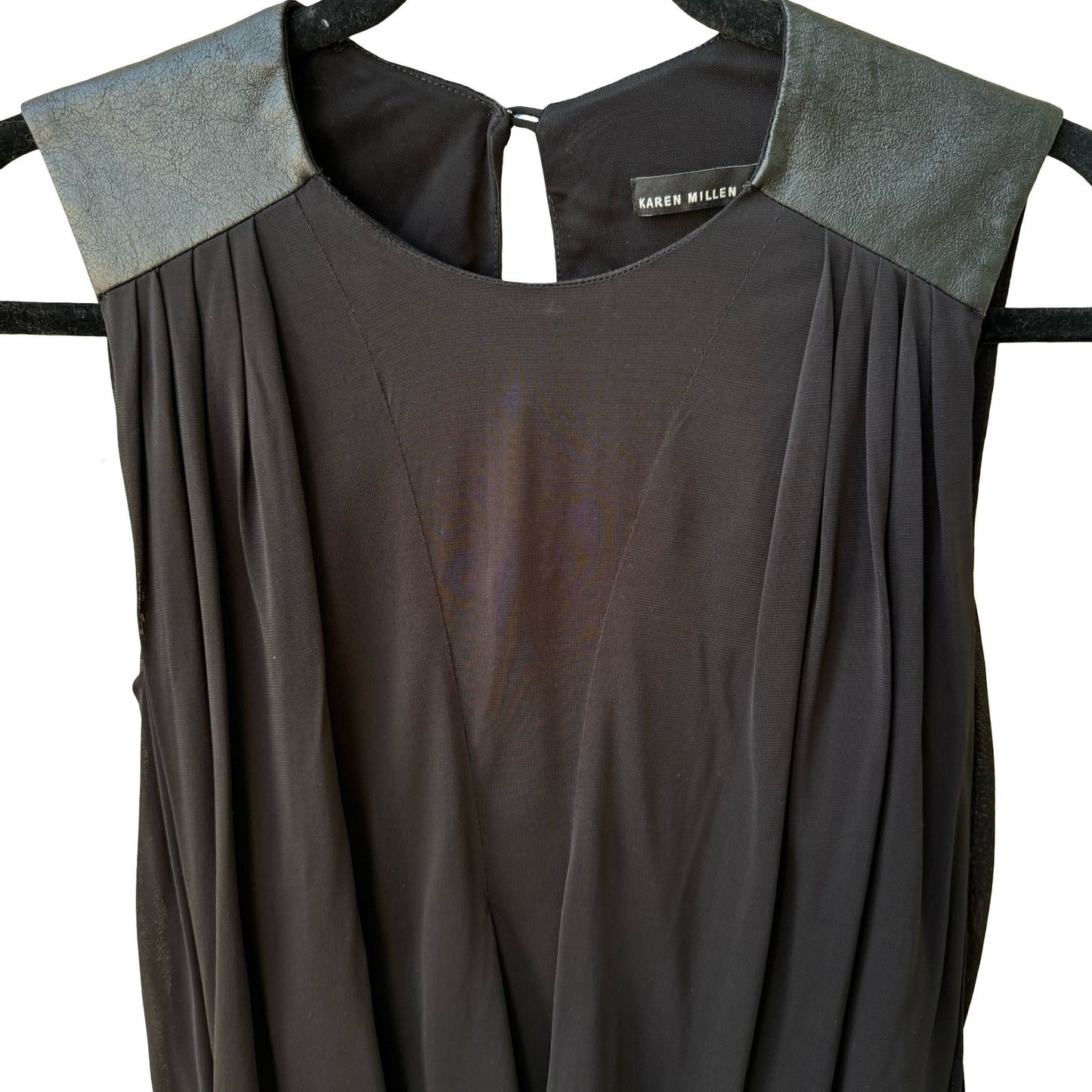 Karen Millen Minimalist Draped Sleeveless Blouse Faux Leather Shoulders Black 4