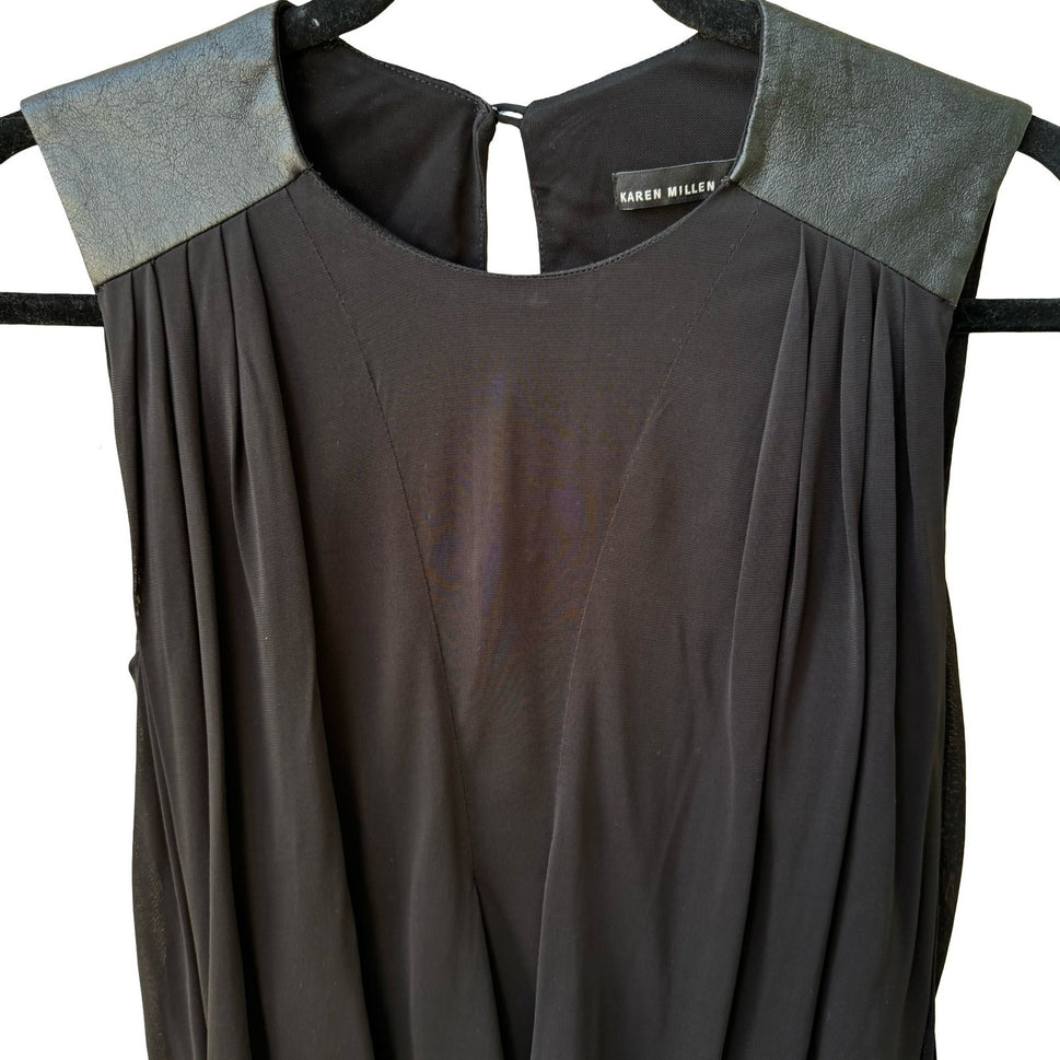 Karen Millen Minimalist Draped Sleeveless Blouse Faux Leather Shoulders Black 4