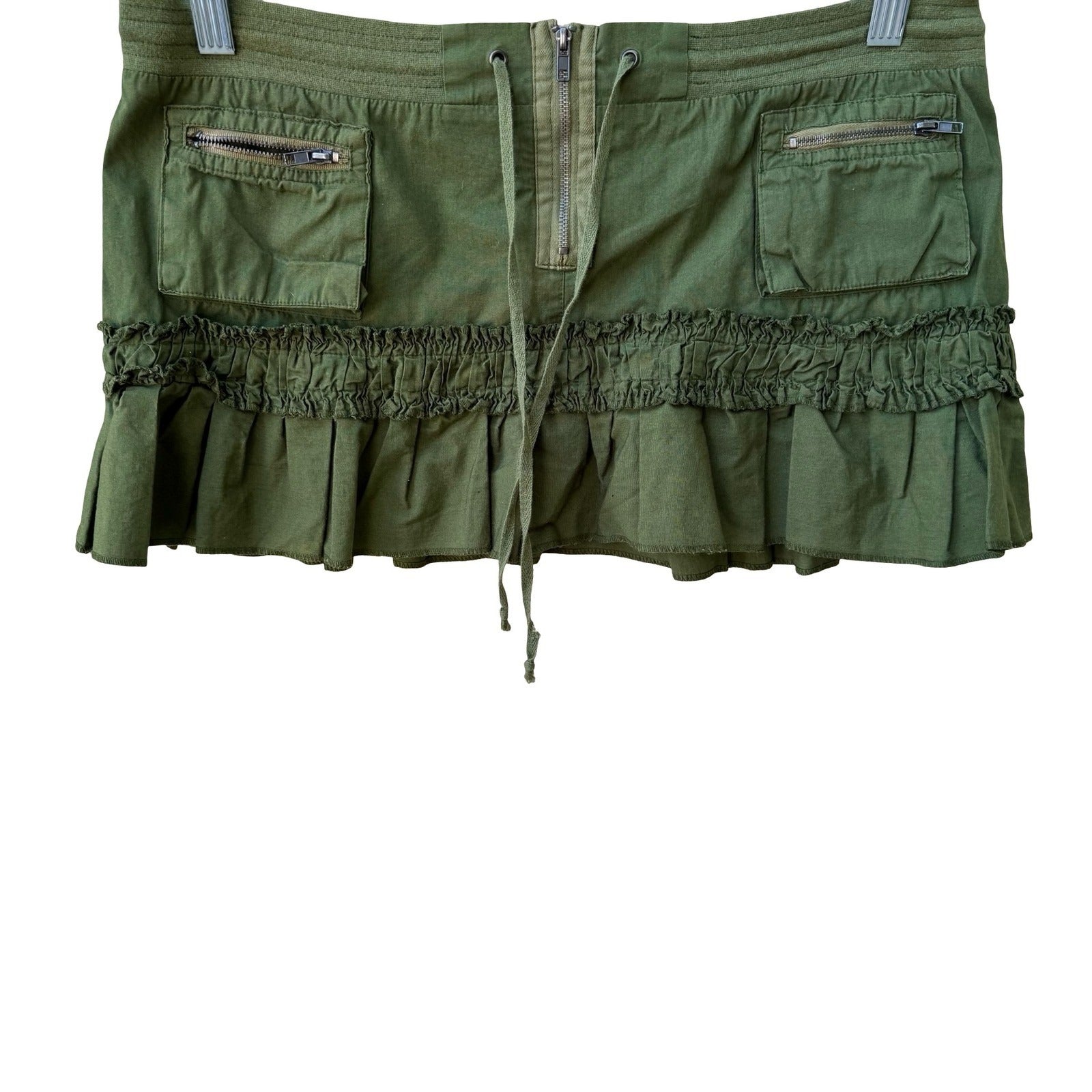 Vintage Y2K Punk Grunge Cargo Ruffle Hem Lace Up Utility Micro Mini Skirt S