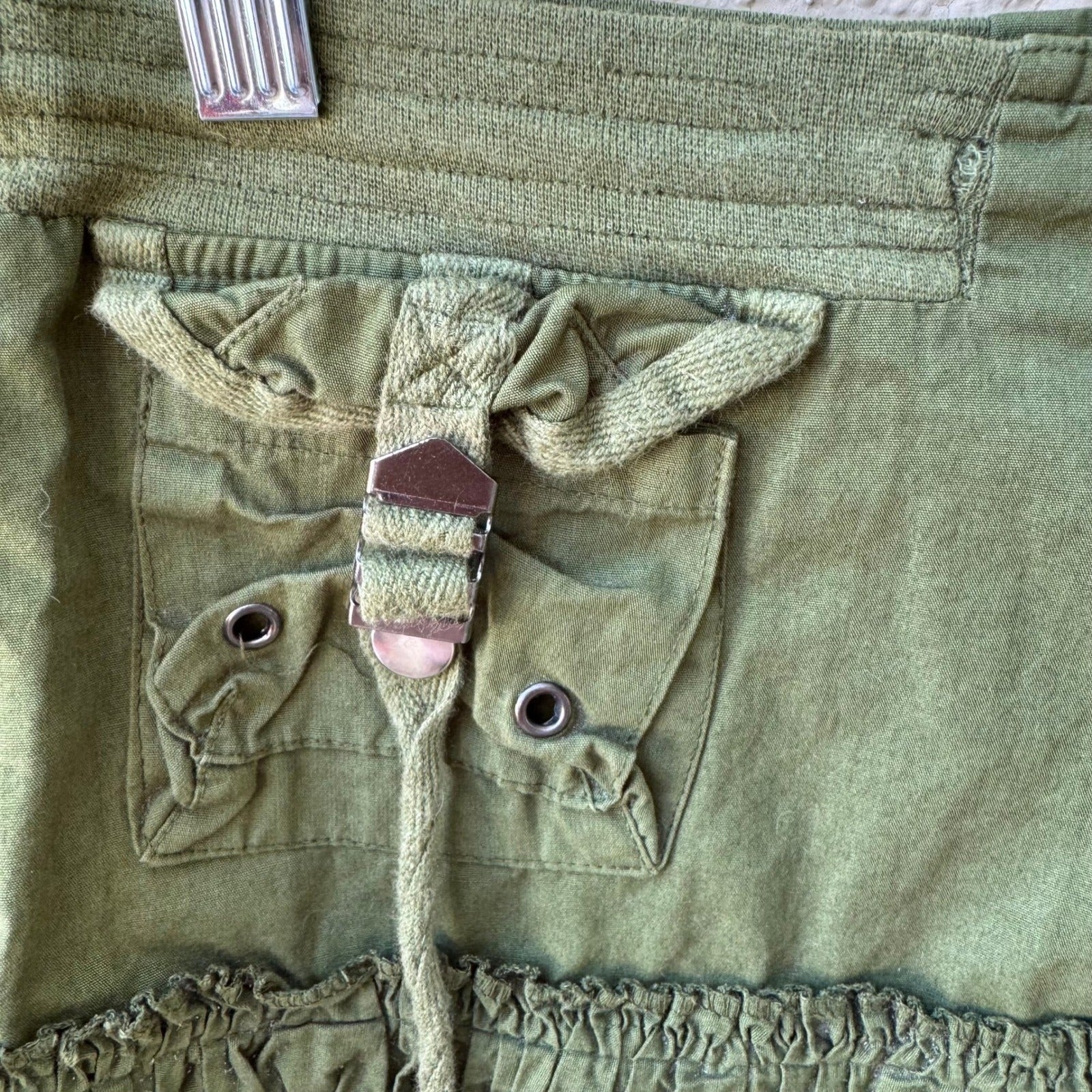 Vintage Y2K Punk Grunge Cargo Ruffle Hem Lace Up Utility Micro Mini Skirt S