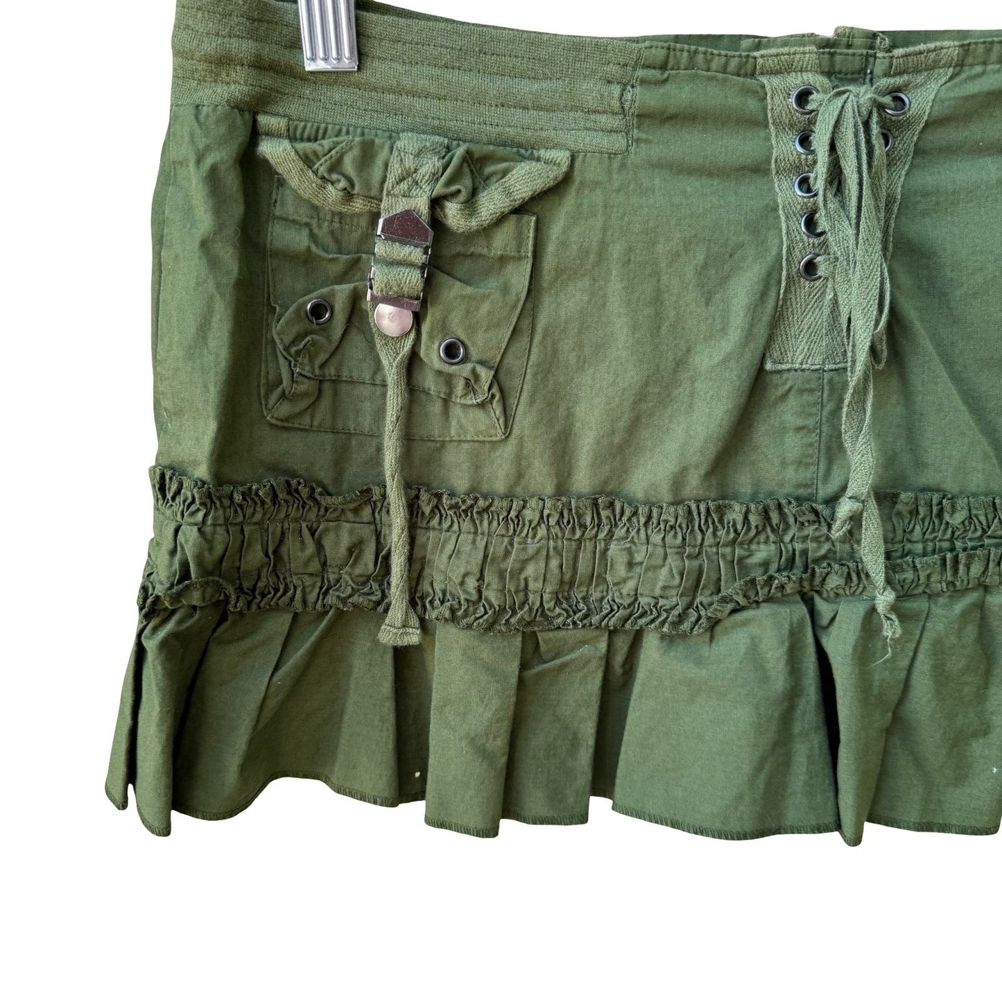 Vintage Y2K Punk Grunge Cargo Ruffle Hem Lace Up Utility Micro Mini Skirt S