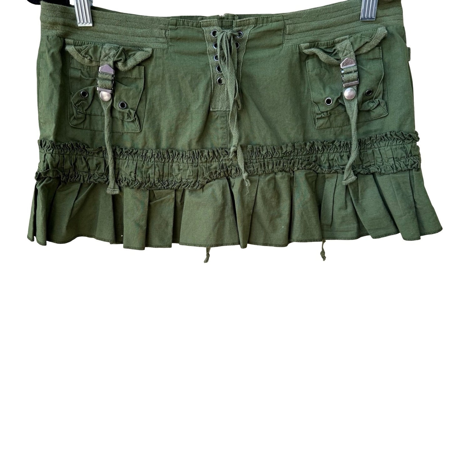 Vintage Y2K Punk Grunge Cargo Ruffle Hem Lace Up Utility Micro Mini Skirt S