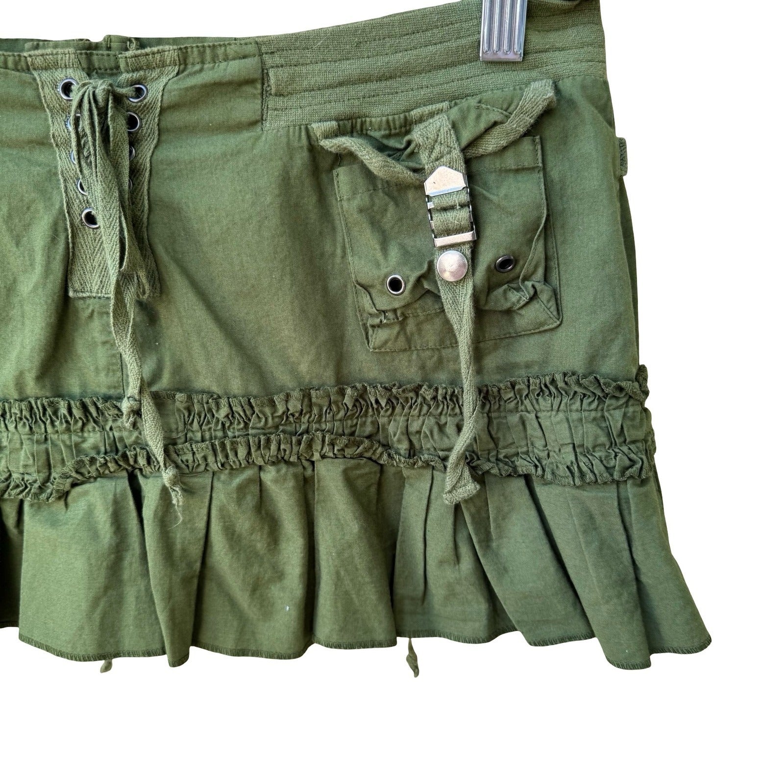 Vintage Y2K Punk Grunge Cargo Ruffle Hem Lace Up Utility Micro Mini Skirt S