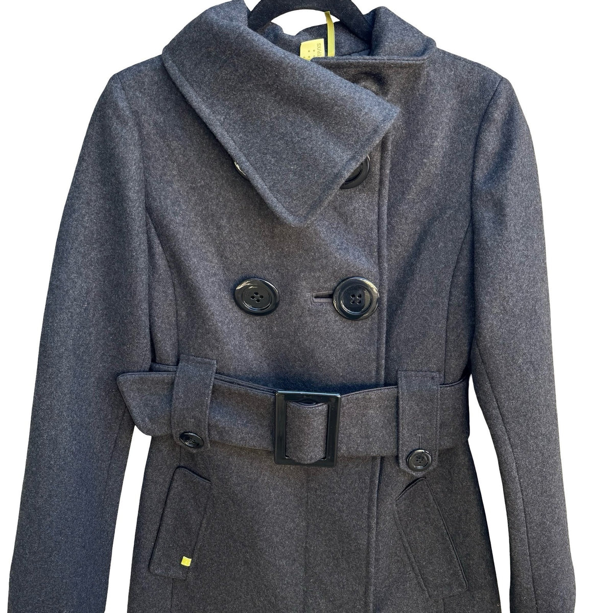Soia & Kyo Tailored Minimalist Wool Blend Funnel Neck Pea Trench Coat Grey XS