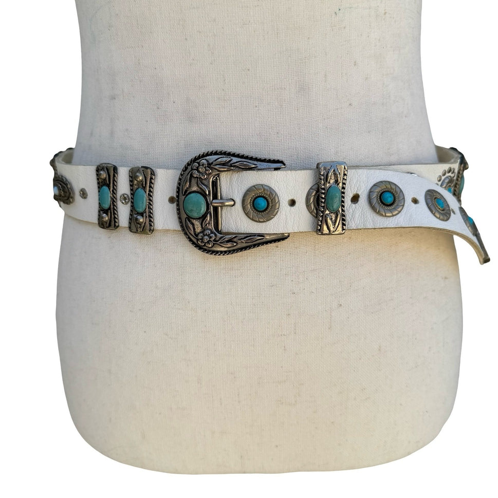Lily Farouche Munich White Leather Western Belt Turquoise Silver Studded Concho