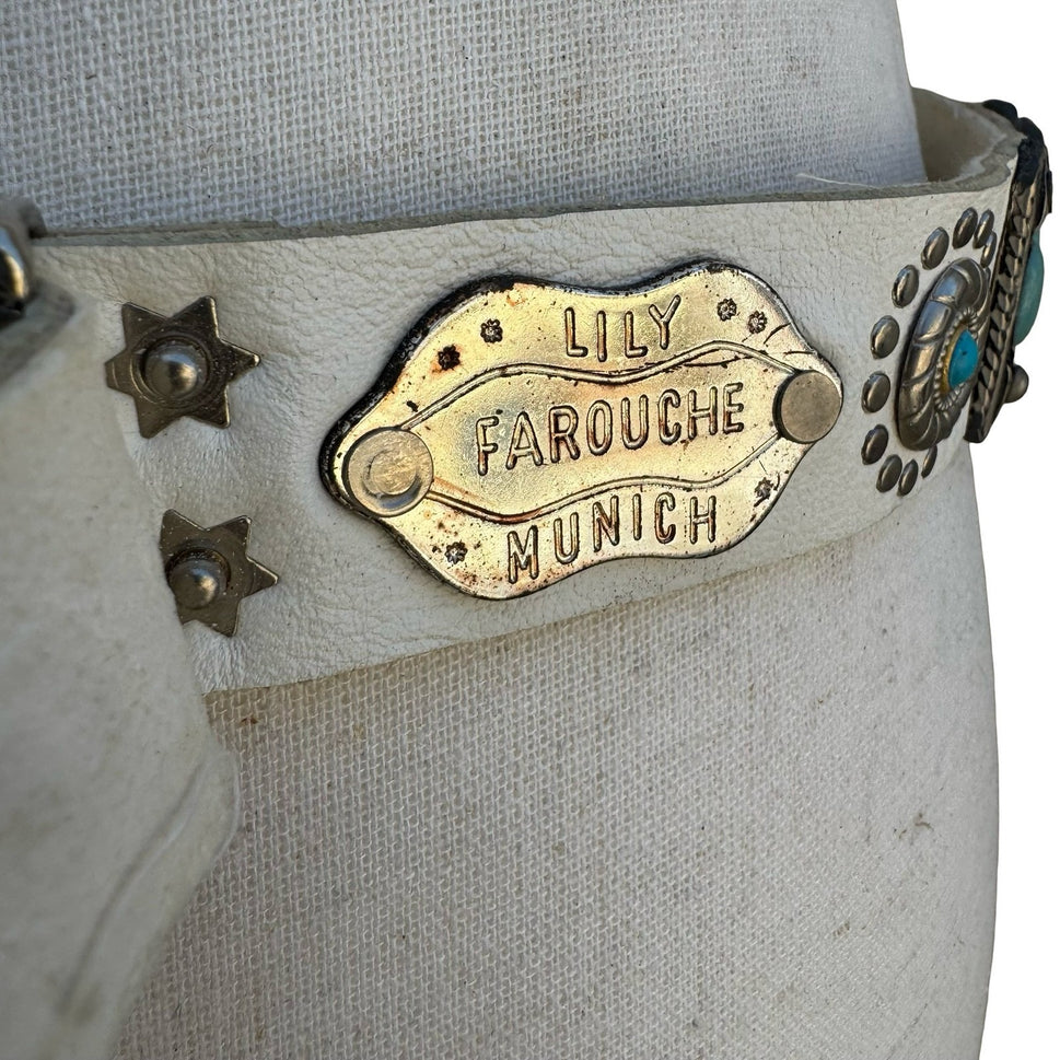 Lily Farouche Munich White Leather Western Belt Turquoise Silver Studded Concho