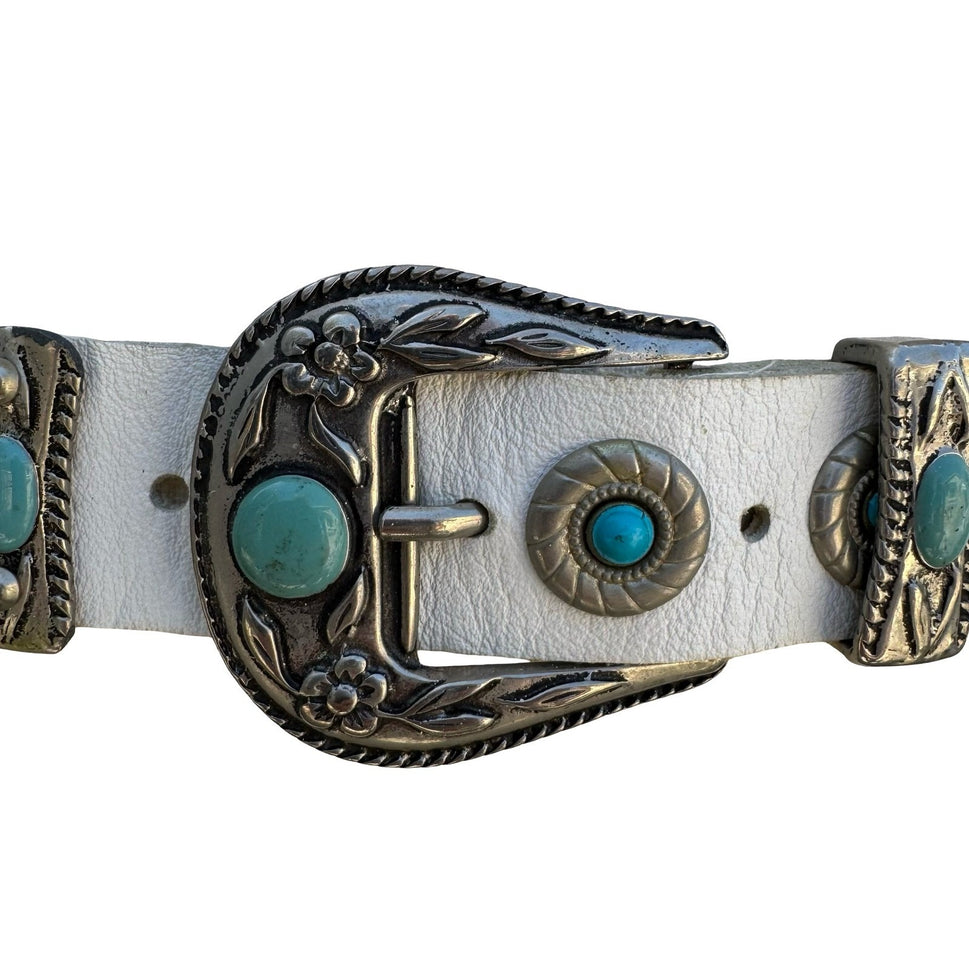 Lily Farouche Munich White Leather Western Belt Turquoise Silver Studded Concho