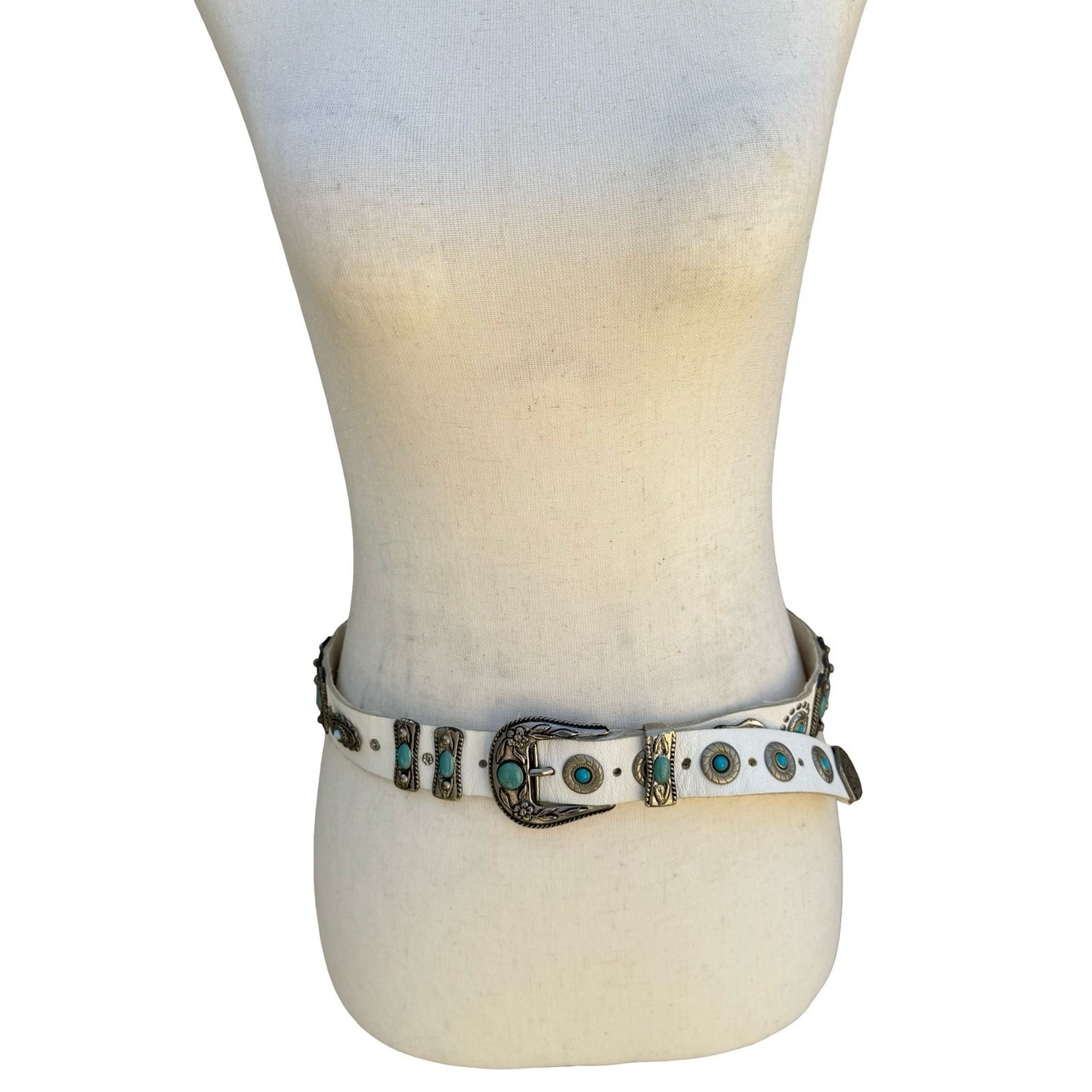 Lily Farouche Munich White Leather Western Belt Turquoise Silver Studded Concho