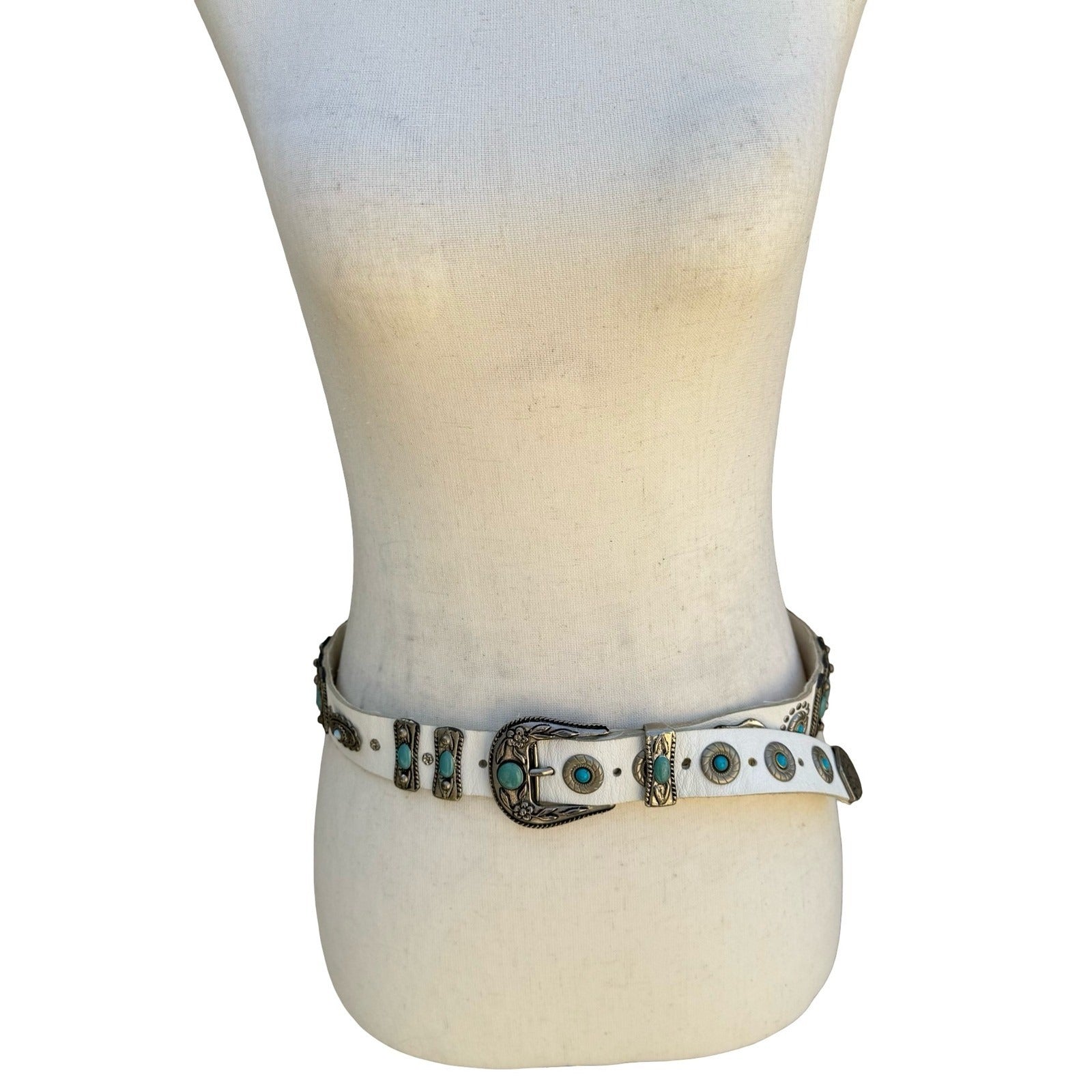 Lily Farouche Munich White Leather Western Belt Turquoise Silver Studded Concho