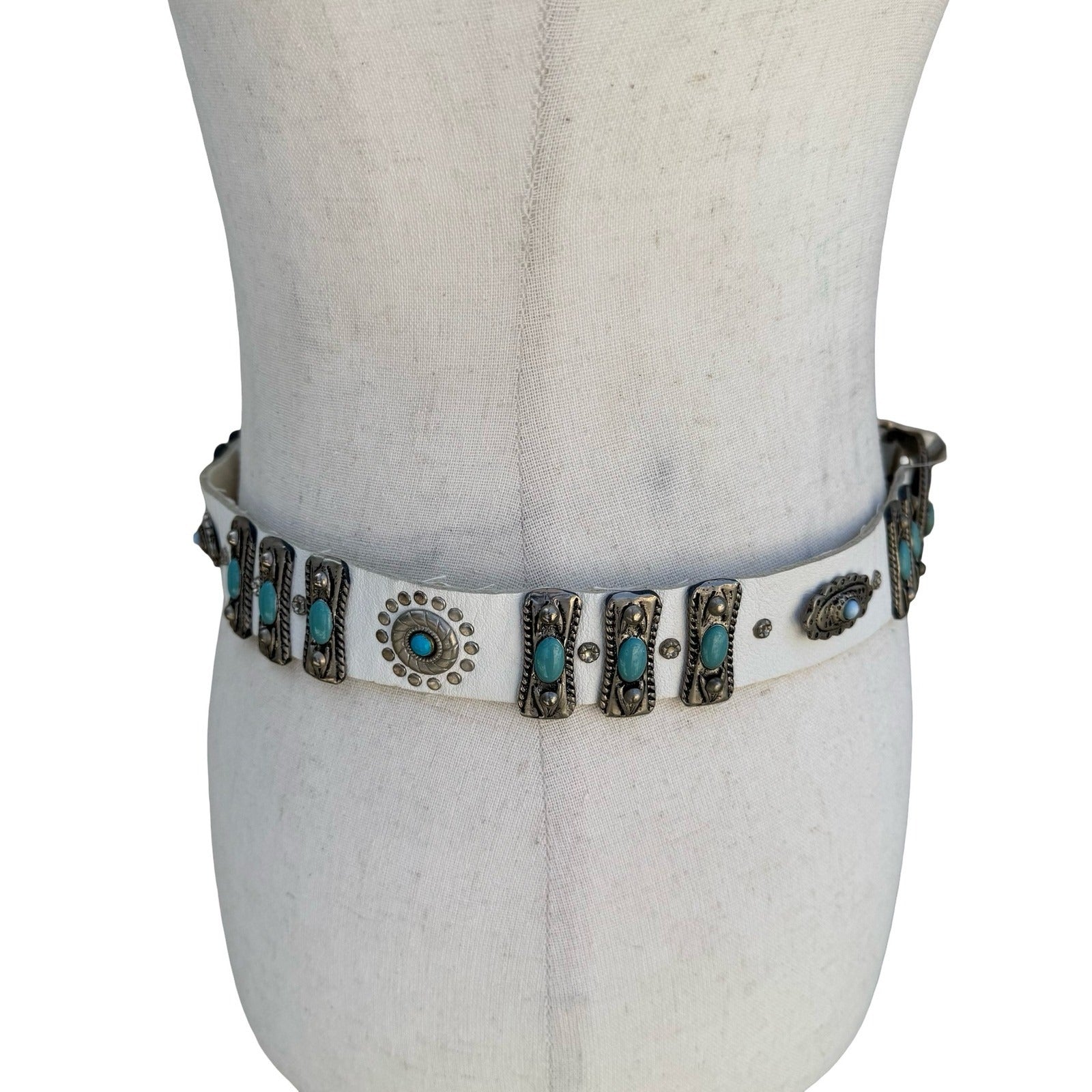 Lily Farouche Munich White Leather Western Belt Turquoise Silver Studded Concho
