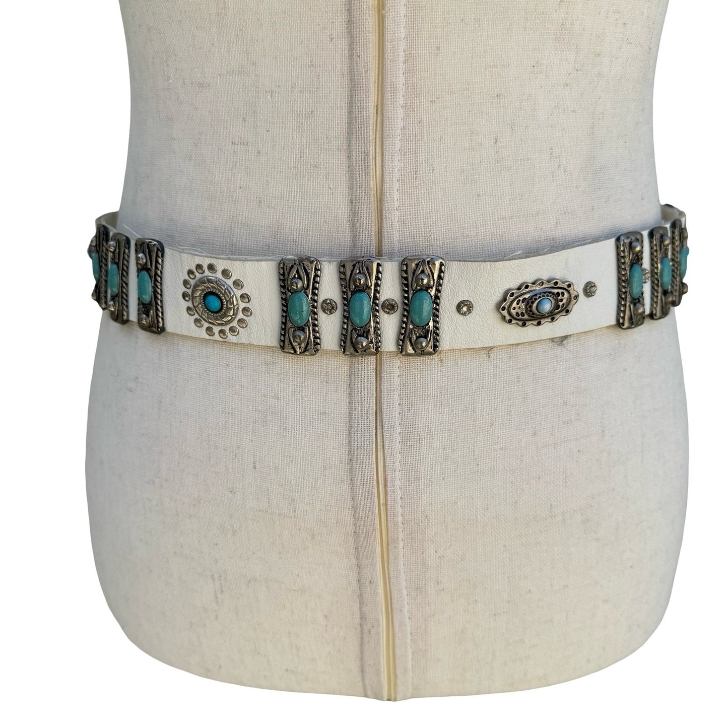 Lily Farouche Munich White Leather Western Belt Turquoise Silver Studded Concho