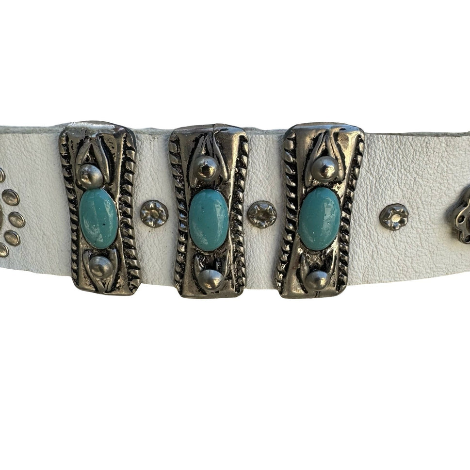 Lily Farouche Munich White Leather Western Belt Turquoise Silver Studded Concho