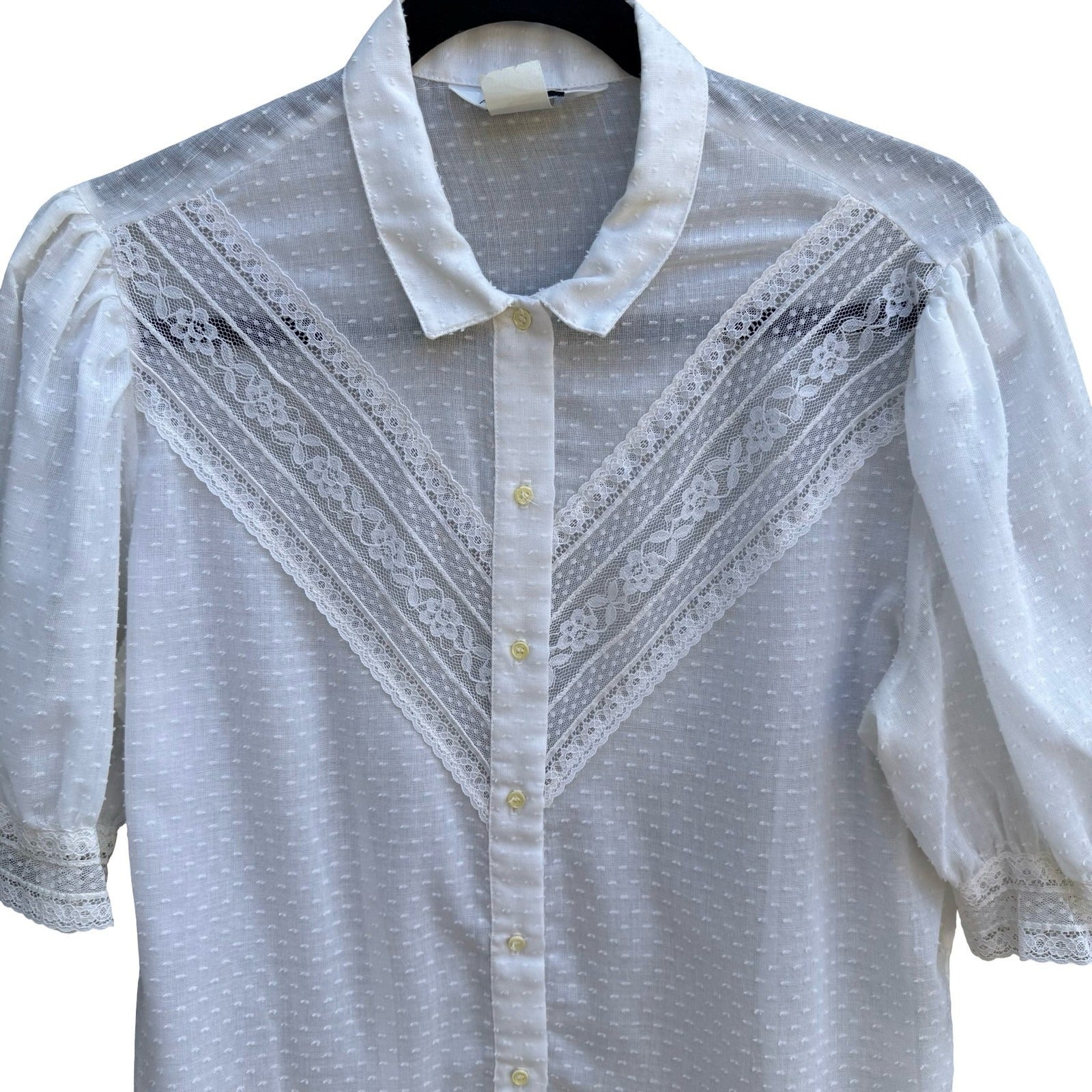 Alice Stuart Vintage Coquette White Swiss Dot Lace Puff Sleeve Blouse Victorian