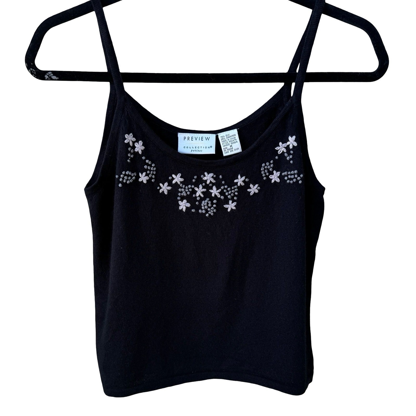 Preview Collection Coquette Black Silk Cashmere Floral Embroidered Cami Top M