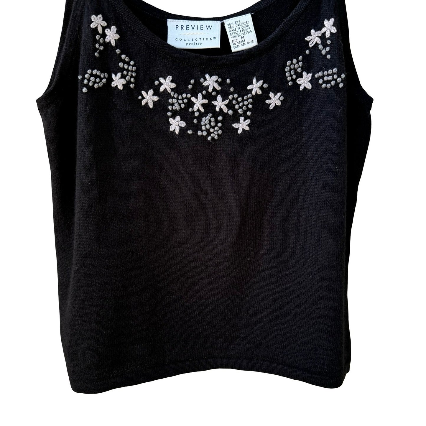 Preview Collection Coquette Black Silk Cashmere Floral Embroidered Cami Top M