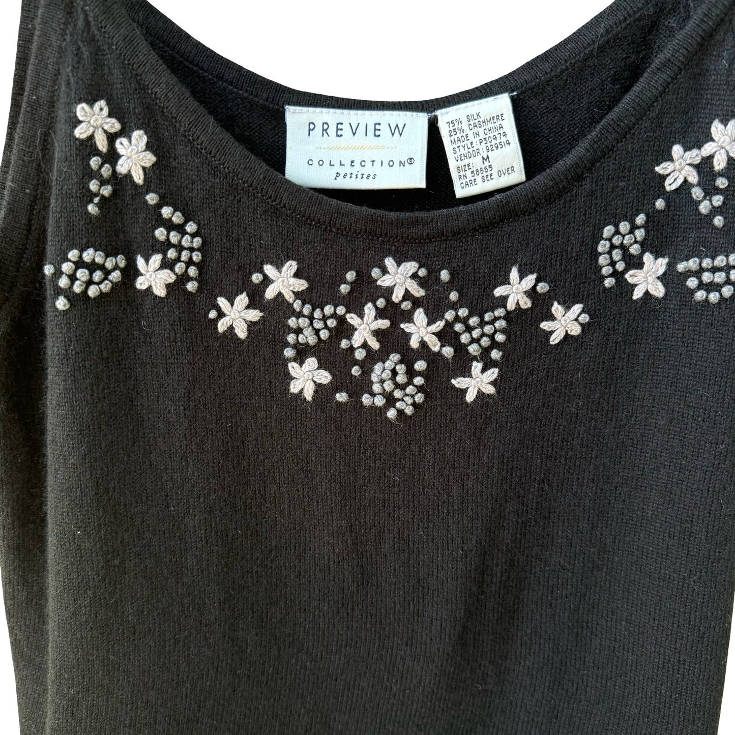 Preview Collection Coquette Black Silk Cashmere Floral Embroidered Cami Top M