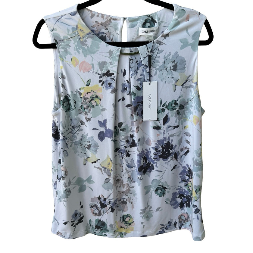 Calvin Klein Pastel Watercolor Floral Minimalist Sleeveless Pleated Shell Top L