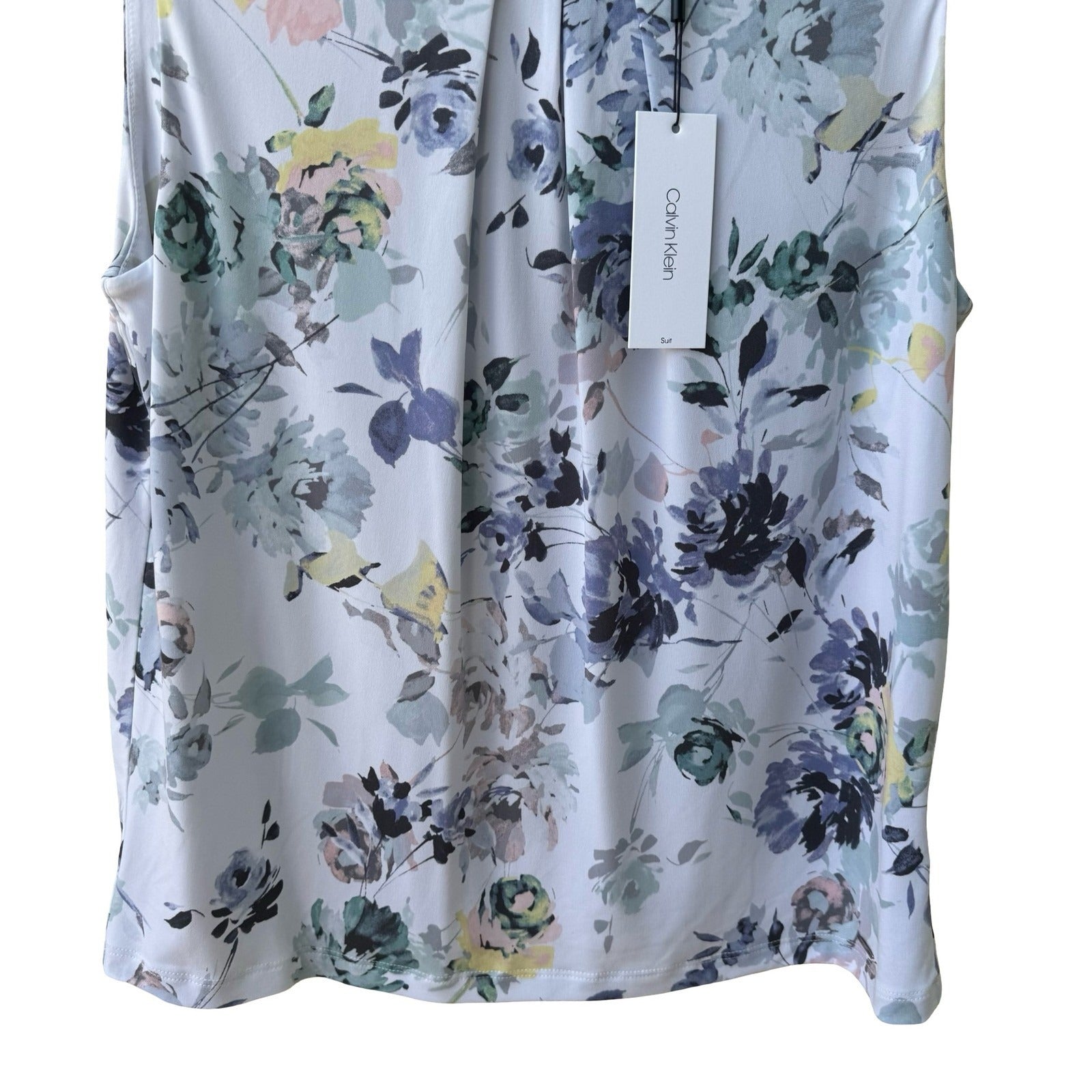 Calvin Klein Pastel Watercolor Floral Minimalist Sleeveless Pleated Shell Top L