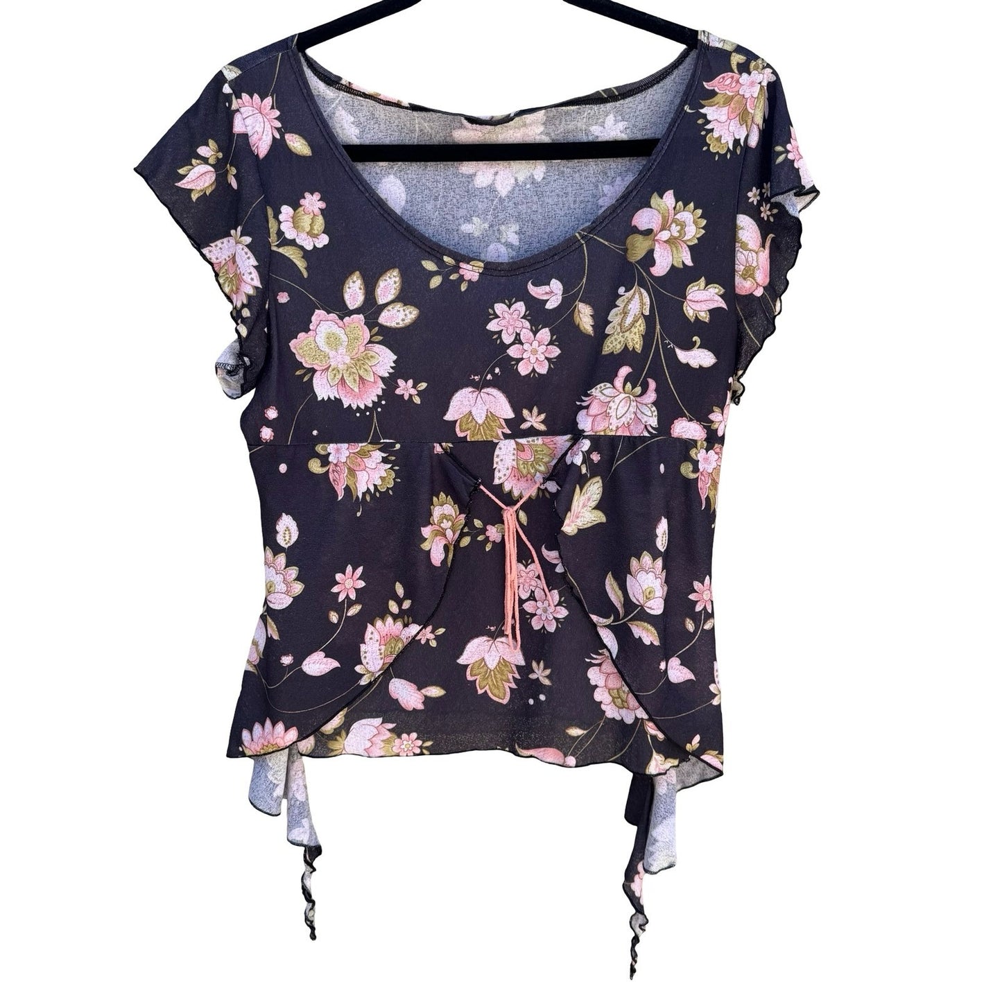 Vintage Y2K Floral Mesh Flutter Sleeve Tie Front Asymmetrical Fairycore Top