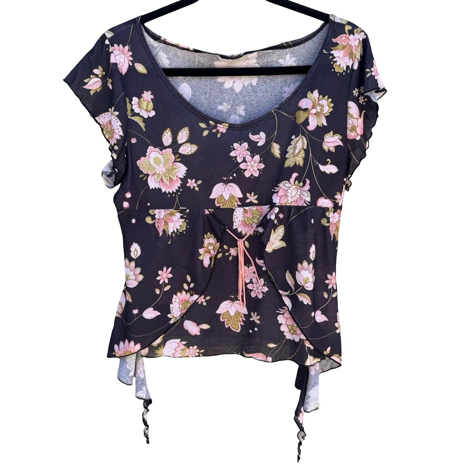 Vintage Y2K Floral Mesh Flutter Sleeve Tie Front Asymmetrical Fairycore Top