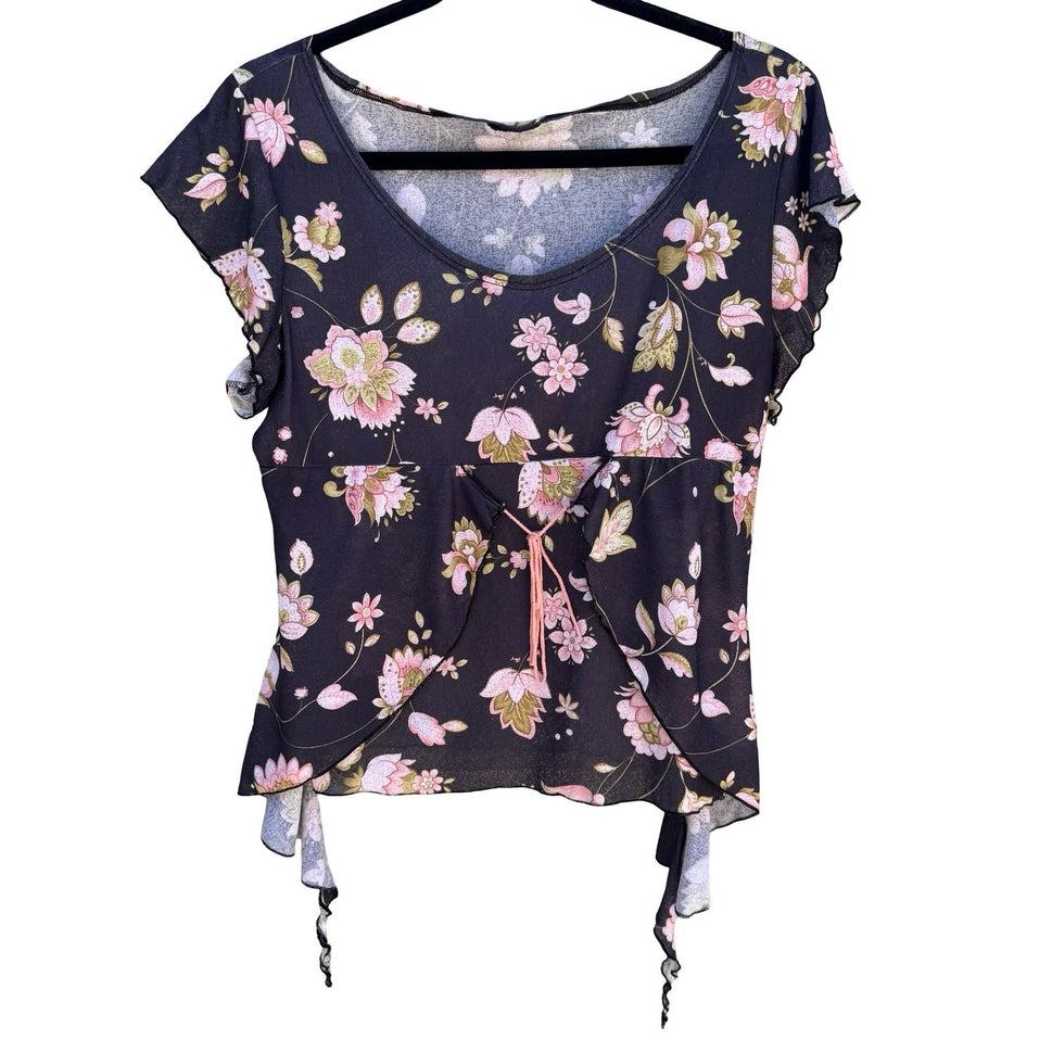 Vintage Y2K Floral Mesh Flutter Sleeve Tie Front Asymmetrical Fairycore Top