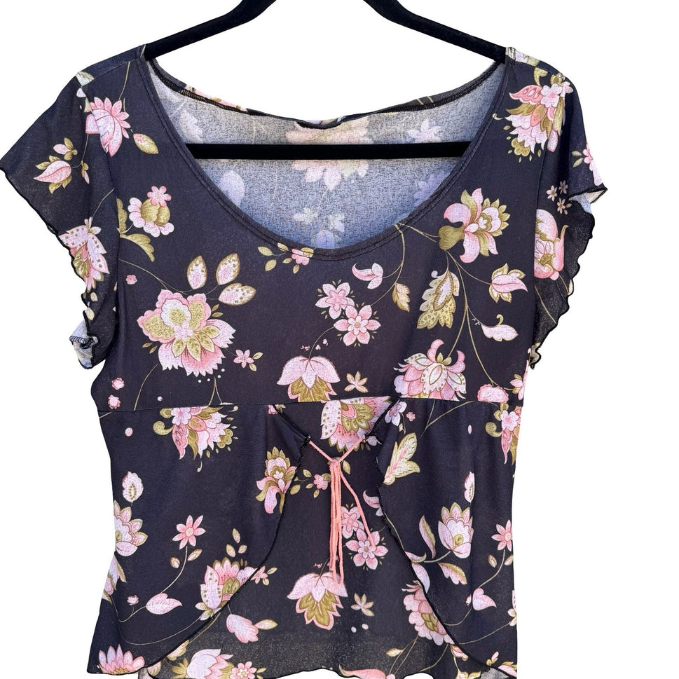Vintage Y2K Floral Mesh Flutter Sleeve Tie Front Asymmetrical Fairycore Top