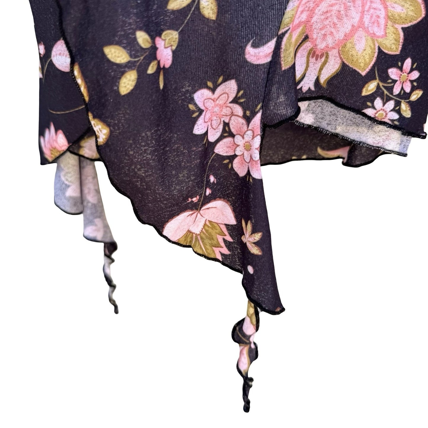 Vintage Y2K Floral Mesh Flutter Sleeve Tie Front Asymmetrical Fairycore Top