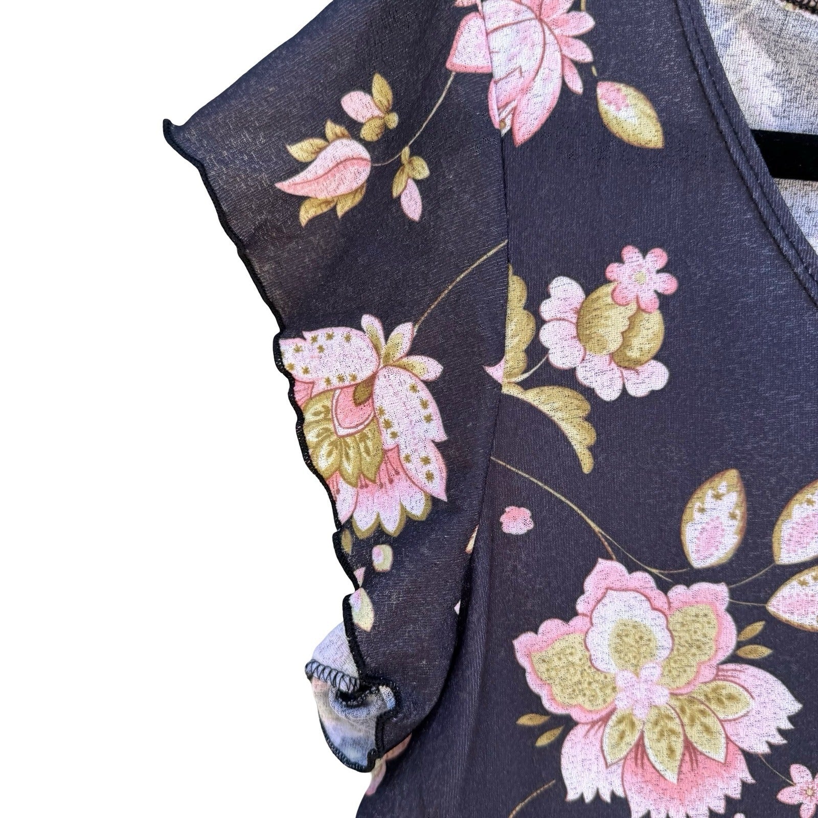 Vintage Y2K Floral Mesh Flutter Sleeve Tie Front Asymmetrical Fairycore Top